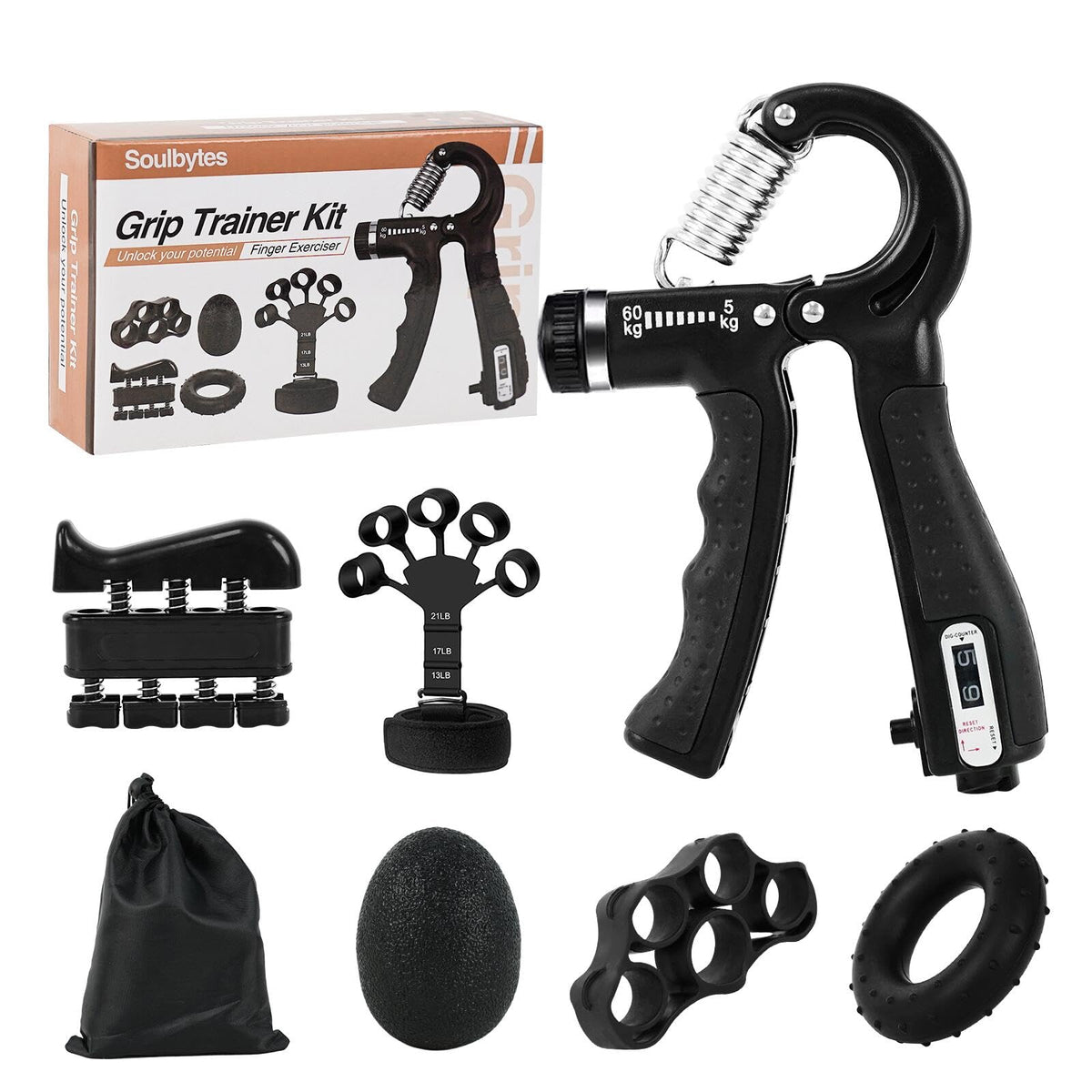 Soulbytes Ejercitador de mano 6 en 1 Fortalecedor de dedos y agarre con pelota, Hand gripper Finger exerciser Ejercicio de antebrazo Entrenador de fuerza para deportes de palma y antebrazos y dedos