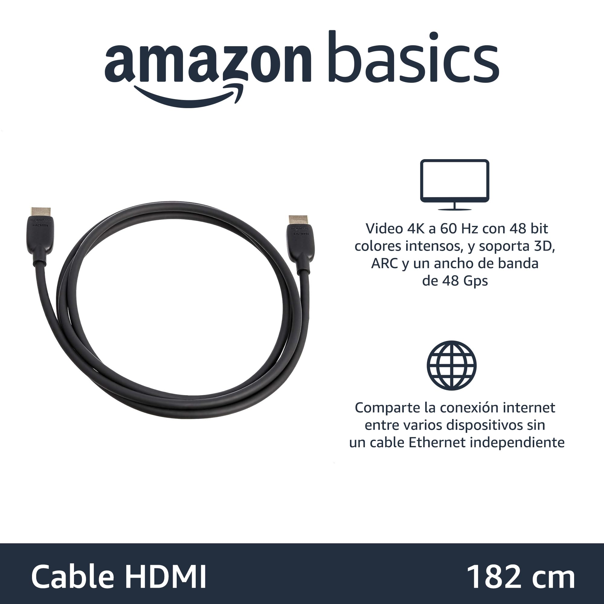 Amazon Basics - Cable HDMI de alta velocidad (48 Gbps, 8 K/60 Hz), 6 pies, negro, compatible con Roku TV/PS5/HDTV/Blu-ray