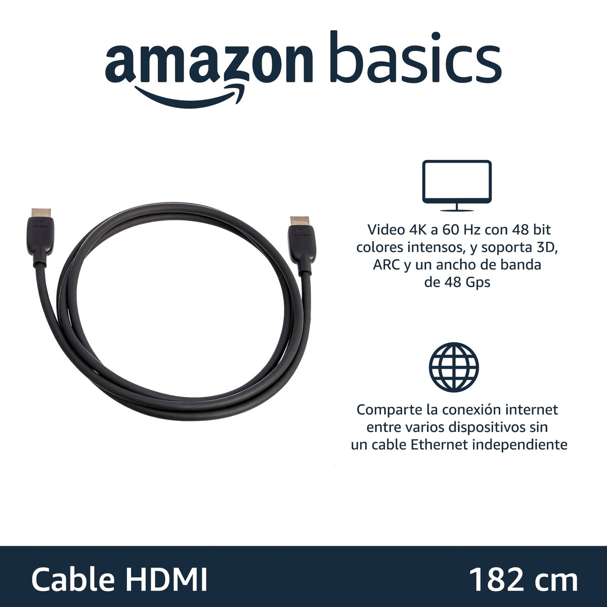 Amazon Basics - Cable HDMI de alta velocidad (48 Gbps, 8 K/60 Hz), 6 pies, negro, compatible con Roku TV/PS5/HDTV/Blu-ray
