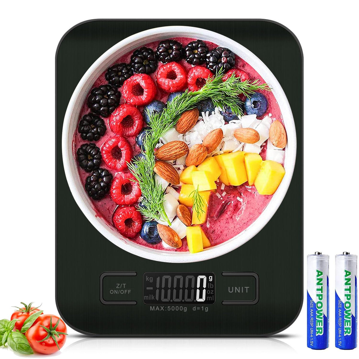 VEKENSEE Bascula de Cocina Digital de Acero Inoxidable, Multifuncional Balanza Cocina de Alta Precision Peso Cocina con Pantalla LCD y Funcion Tara Balanza de Alimentos 2 pilas Incluidas (5kg/g)