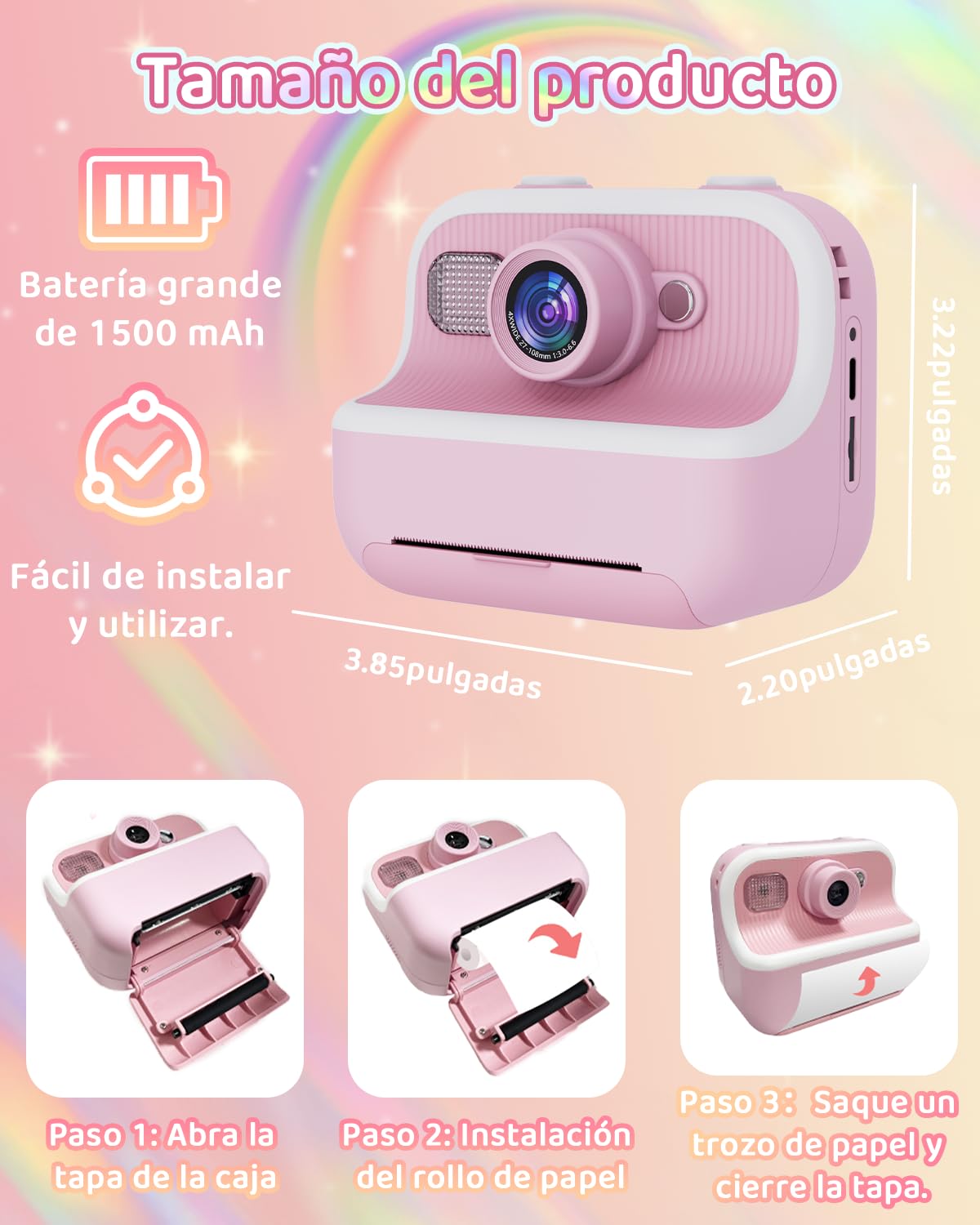 PTHTECHUS® cámara para niños de impresión instantánea con Tarjeta SD de 32 GB y Papel de impresión, cámara Digital de Selfie, Regalo de Juguetes para niños pequeños para niñas de 3 a 15 años (Rosa)