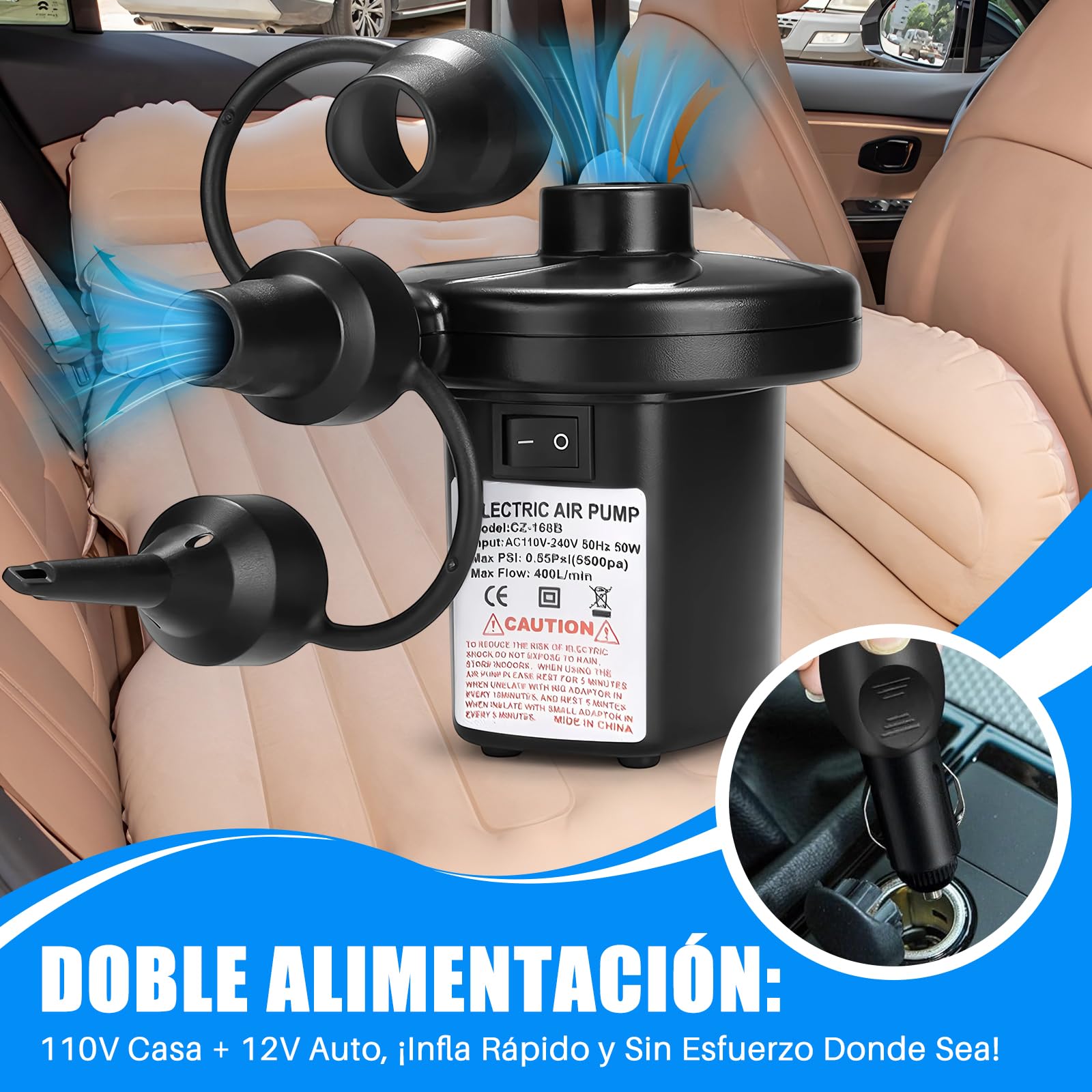 AXIDUN Bomba de Aire Eléctrica, Bomba de Aire Portátil de Llenado Rápido con 3 Boquillas, para Bolsas al Vacío, Colchón Hinchable, Juguetes Hinchable, Viaje a Familia,Camping