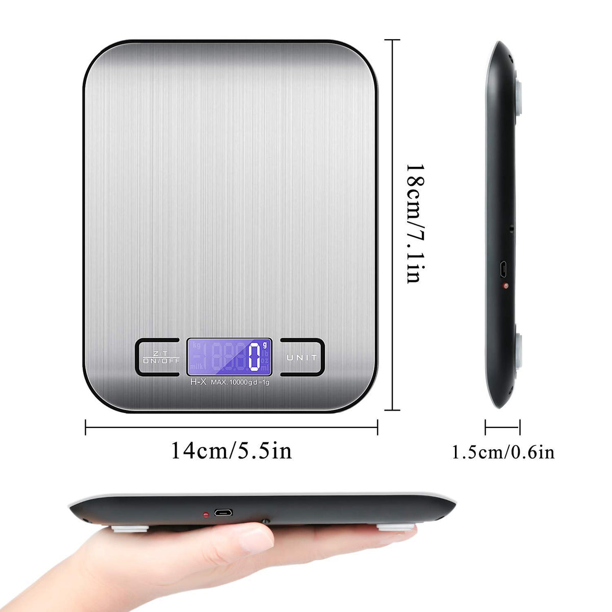 TBONEEY Báscula Cocina Digital USB Recargable, Bascula Precision Cocina 10kg/1g Peso de Cocina Digital, Balanza de Alimentos Acero Inoxidable con Pantalla LCD, Función de Tara (Baterias Incluidas)