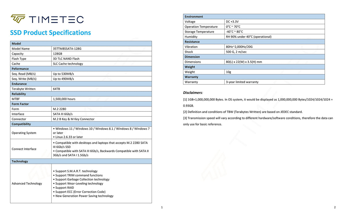 Timetec 128 GBx10 (Paquete de 10) SSD 3D NAND TLC SATA III 6 Gb/s M.2 2280 NGFF 64 TBW velocidad de lectura de hasta 530 MB/s SLC Cache Performance Boost Unidad interna de estado sólido para