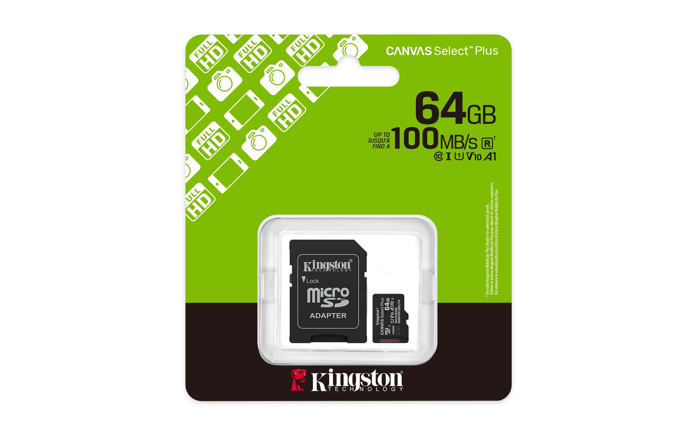 Kingston Tarjeta De Memoria MicroSD, Canvas Select Plus Gen3, Capacidad: 64GB, Clase 10, UHS-I, U1, V10, A1 Lectura: 100MB/s, SKU: SDCS3/64GB