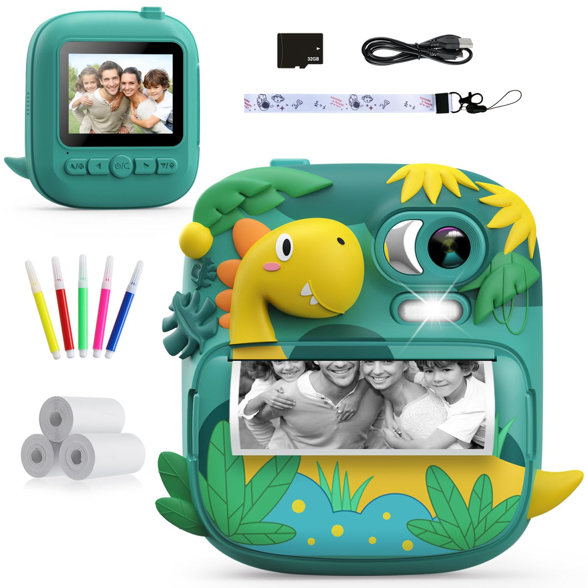 CAMCLID Camara Fotos Infantil Instantanea, 2,4 Pulgada Cámara Instantánea para Niños con Tarjeta de 32GB, Regalo para Niños de 3 a 12 Años(Verde)