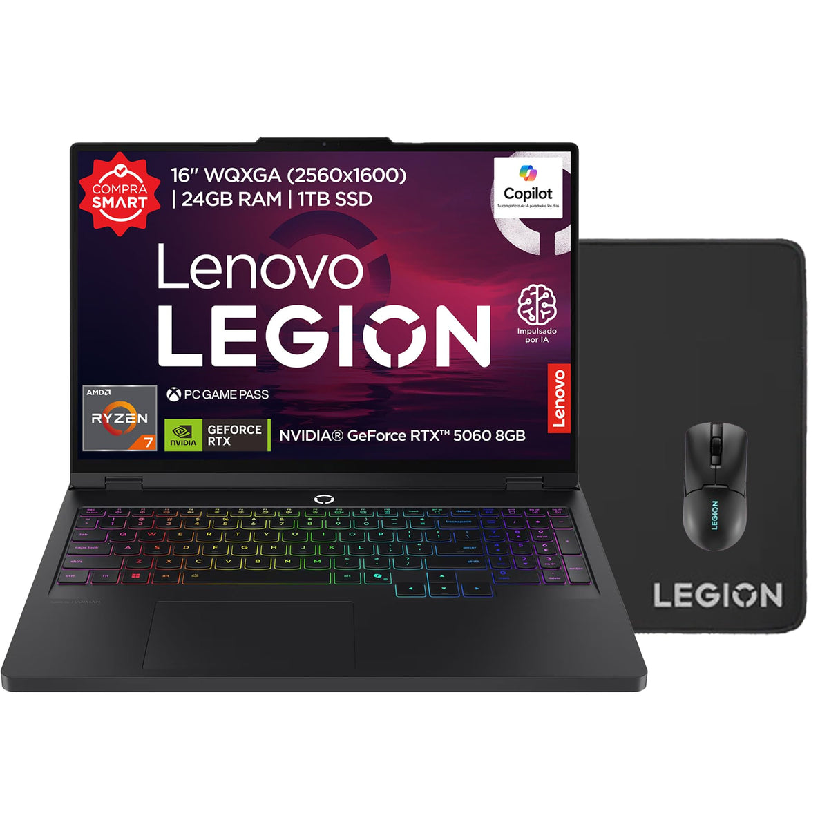 Laptop Lenovo Gamer Legion Pro 5 | 16" OLED WQXGA |AMD Ryzen 7 | 24GB RAM 1TB SSD | GeForce RTX 5060 8 GB | PC con IA + Mouse M300s RGB + Tapete Mouse