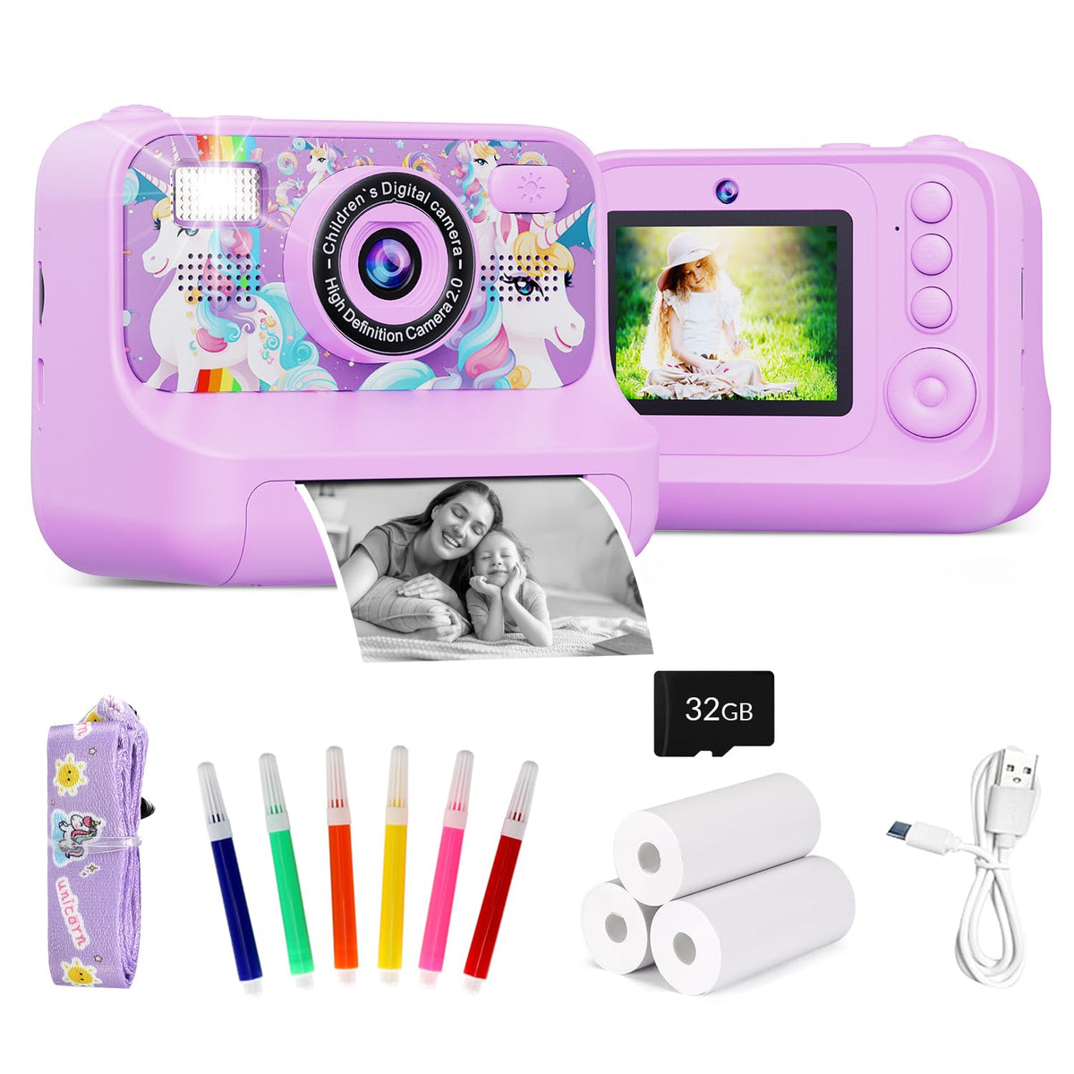 SlowTon Cámara Instantánea para Niños de Impresión, Cámara Digital Infantil Instanea Sopotar Selfie Vídeo, 2.4'' 1080P HD Cámara Infantil con Tarjeta de 32GB y Flash, Regalo para Niños de 3 a 12 Años