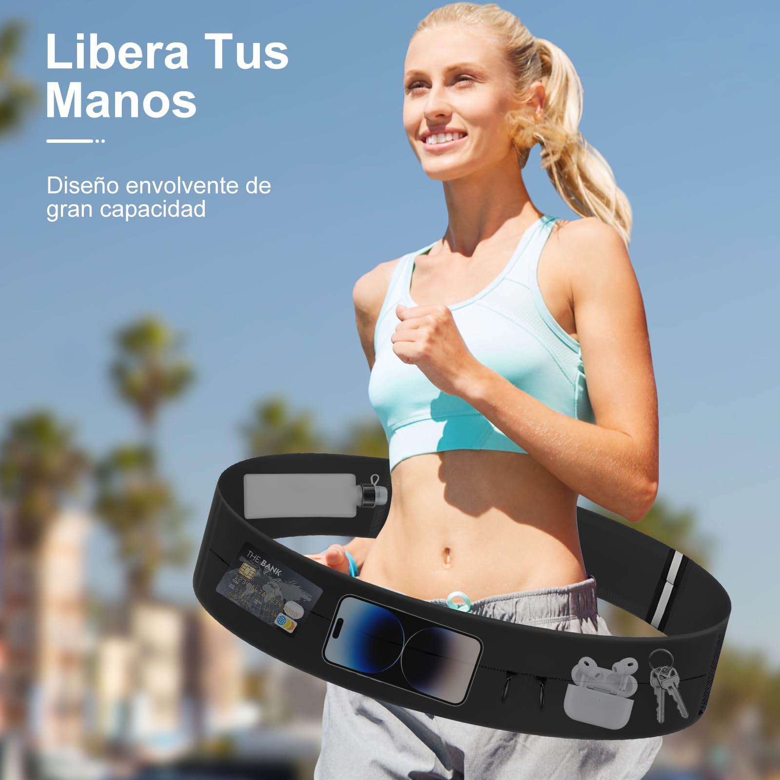 HONGHCL Cangurera para Correr con Botella de Agua 330ml - 2 Tallas Ajustables Cangurera Deportiva, Impermeable Riñonera para Correr, Gimnasio, Senderismo (M/L（Cintura 80-110cm）, Negro)