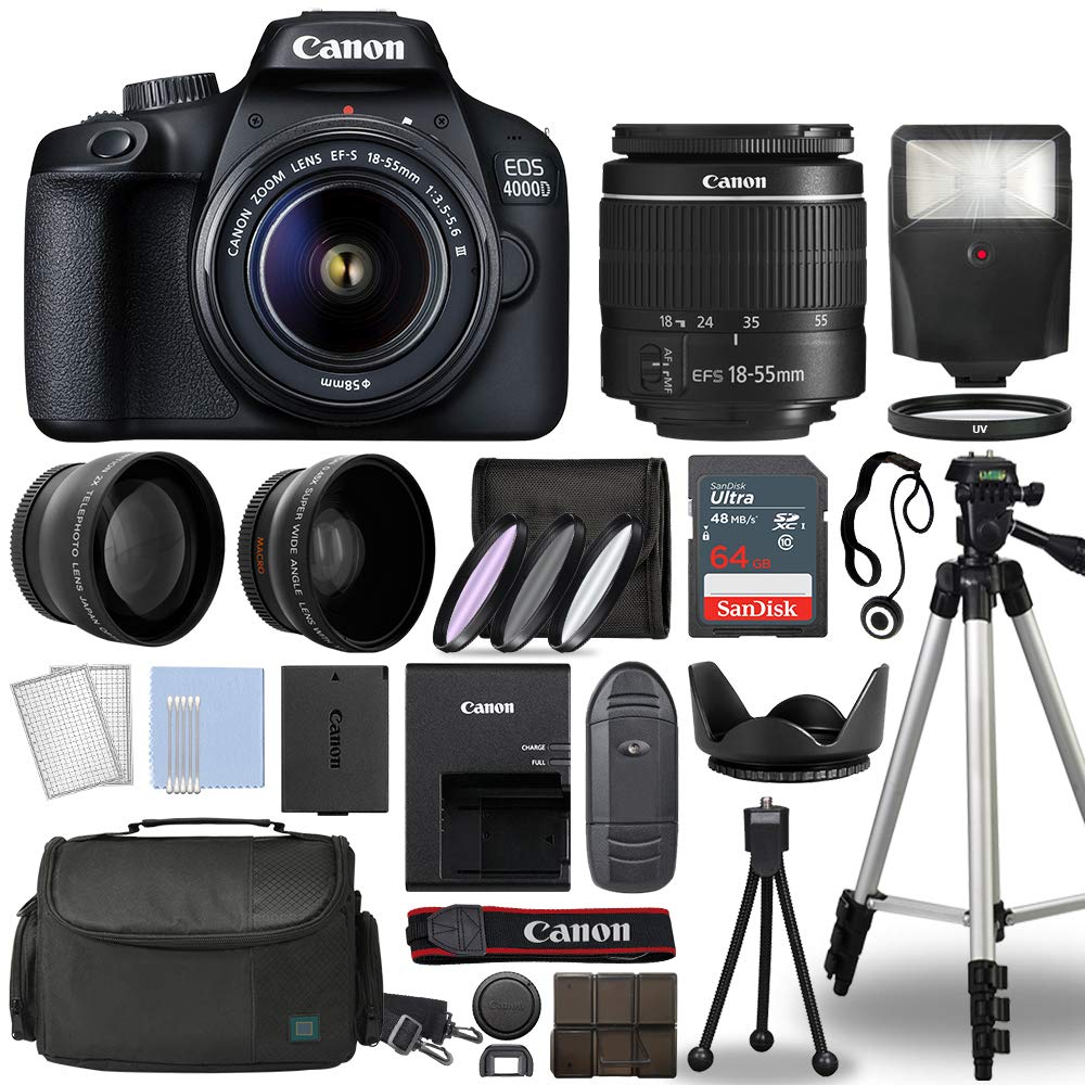 Canon EOS 4000D Cámara DSLR con kit de lentes de 18-55 mm, paquete de accesorios - Modelo internacional (reacondicionado)