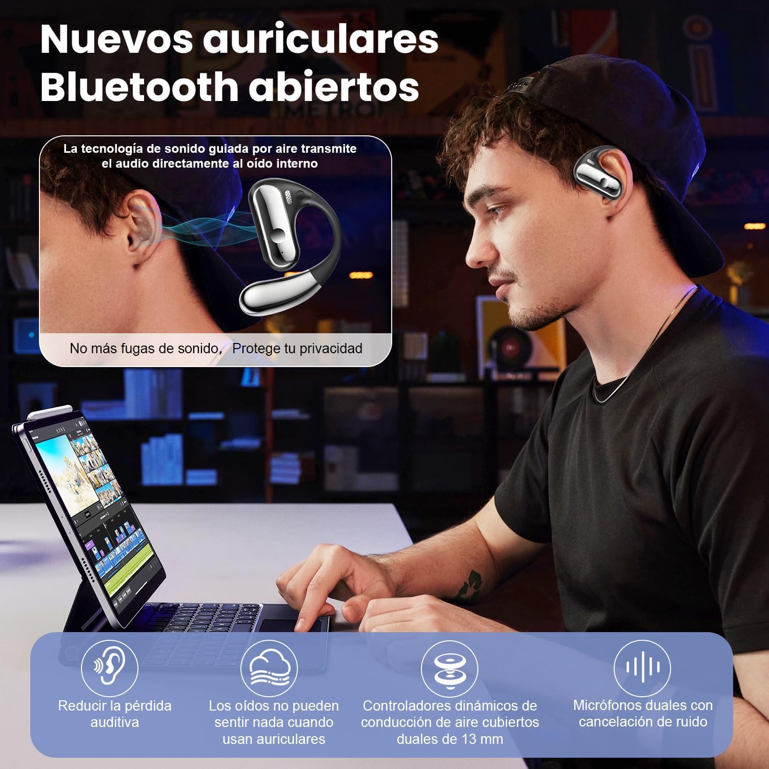 Auriculares Bluetooth 5.3 de Oído Abierto HiFi, Audífonos Open Ear Inalámbricos con Micrófono, Driver de 13 mm, Estuche de Carga LED 500mAh, Diseño Deportivo para Correr, Gimnasio, Android y iPhone