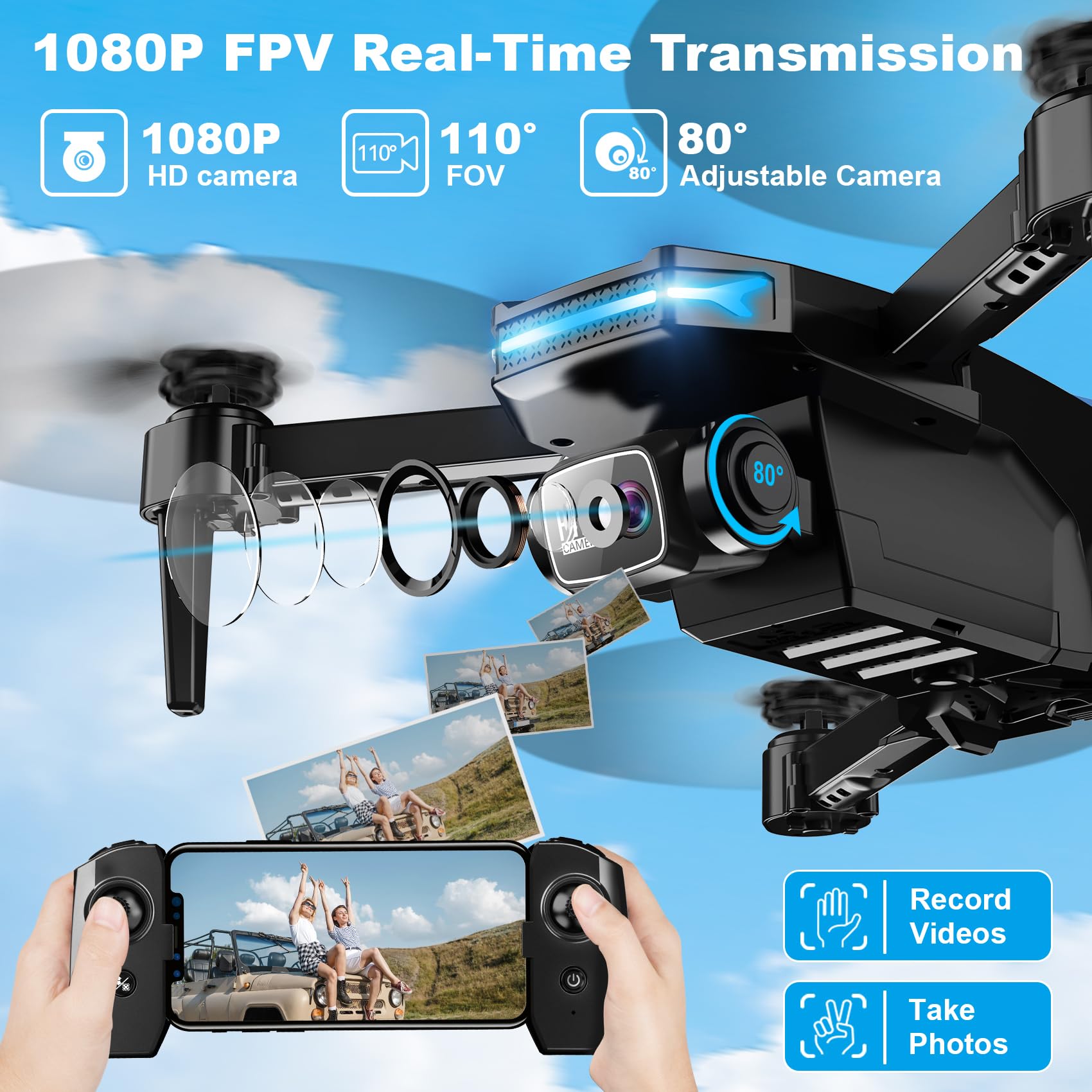 RELIDOL Dron con cámara 1080P - Cuadricóptero de Control Remoto Plegable con Control de Gestos de Voz, Giro 3D, Arranque con una tecla, Parada de Emergencia, 2 baterías, más fácil de Usar, Juguete p