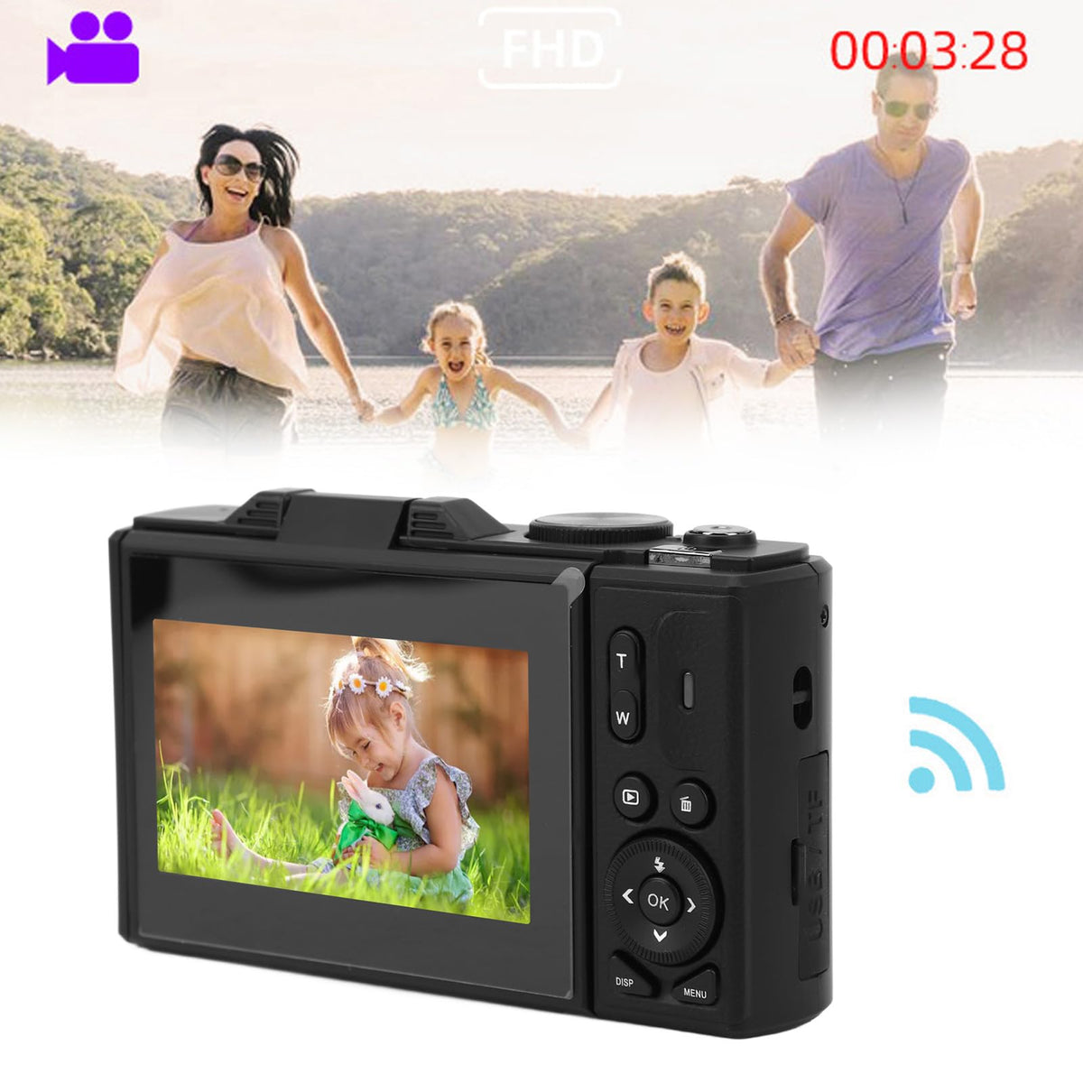 Cámara Digital de 64 MP, Pantalla de 3 Pulgadas, Vídeo 4K, Zoom 18X, Detección de Rostros, Estabilización, Lapso de Tiempo, Cámara Lenta, Recargable, Transmisión en Vivo para