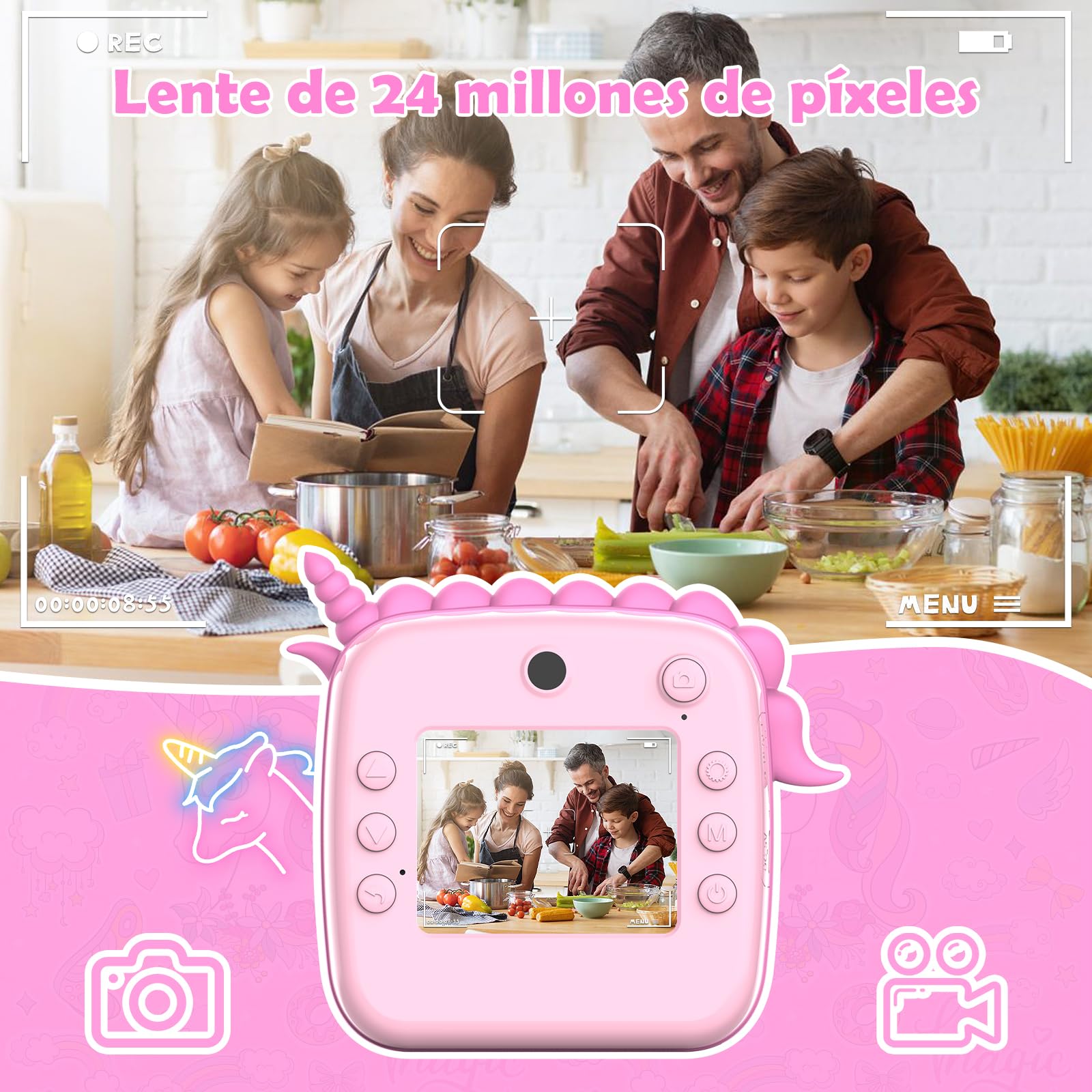HDMSYD Camara Fotos Infantil Instantanea, Cámara Infantil de impresión instantánea HD 1080P,Pantalla Ocular de 2.4 Pulgadas,con Tarjeta 32G y 2 Rollos de Papel térmico,El Mejor Regalo para niños.