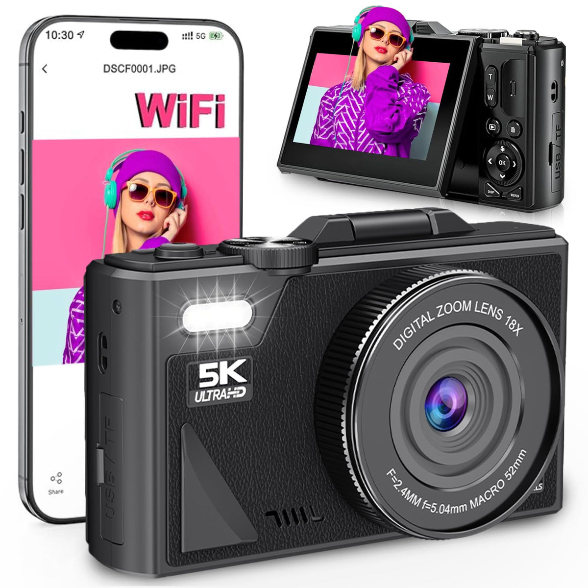 Cámara Digital 5K, Cámara Retro WiFi de 75 MP, Pantalla Giratoria de 3 Pulgadas, Camara de Vídeo UHD con Zoom Digital de 18 Aumentos y Enfoque Automático, Cámara Portátil de Viajes con Tarjeta 32GB SD
