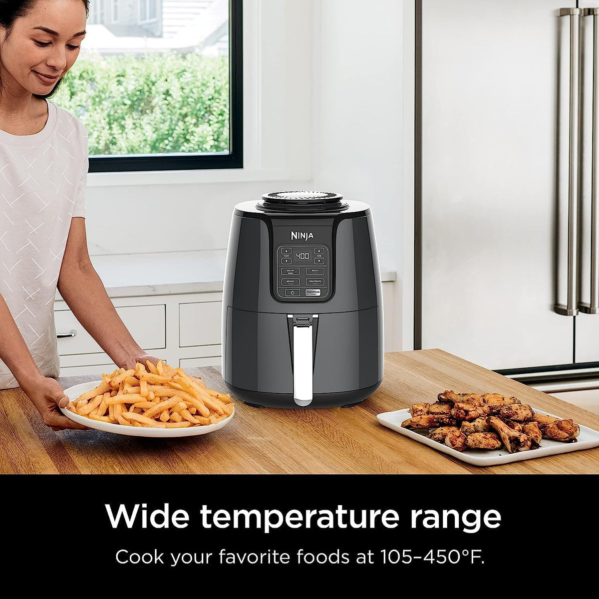 Ninja Freidora De Aire AF100, Base Programable de 1550 Watts, Frie, Asa Y Hornea Sin Aceite, 3.7L (Reacondicionado)