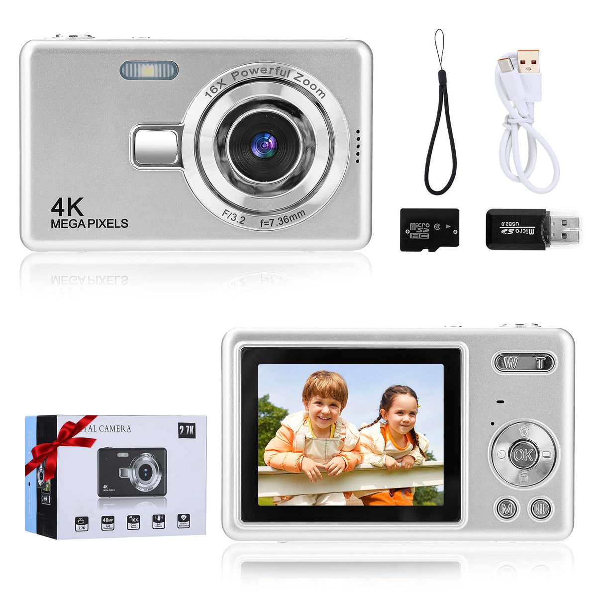 KOZFULE Cámara Digital, HD 1080P 50MP Vlogging, Camara Fotografica con Tarjeta 32GB, Enfoque Automático con Zoom 16X, Disparo Continuo, Pantalla IPS de 2.4'', Camara Regalo para Niños y Niñas