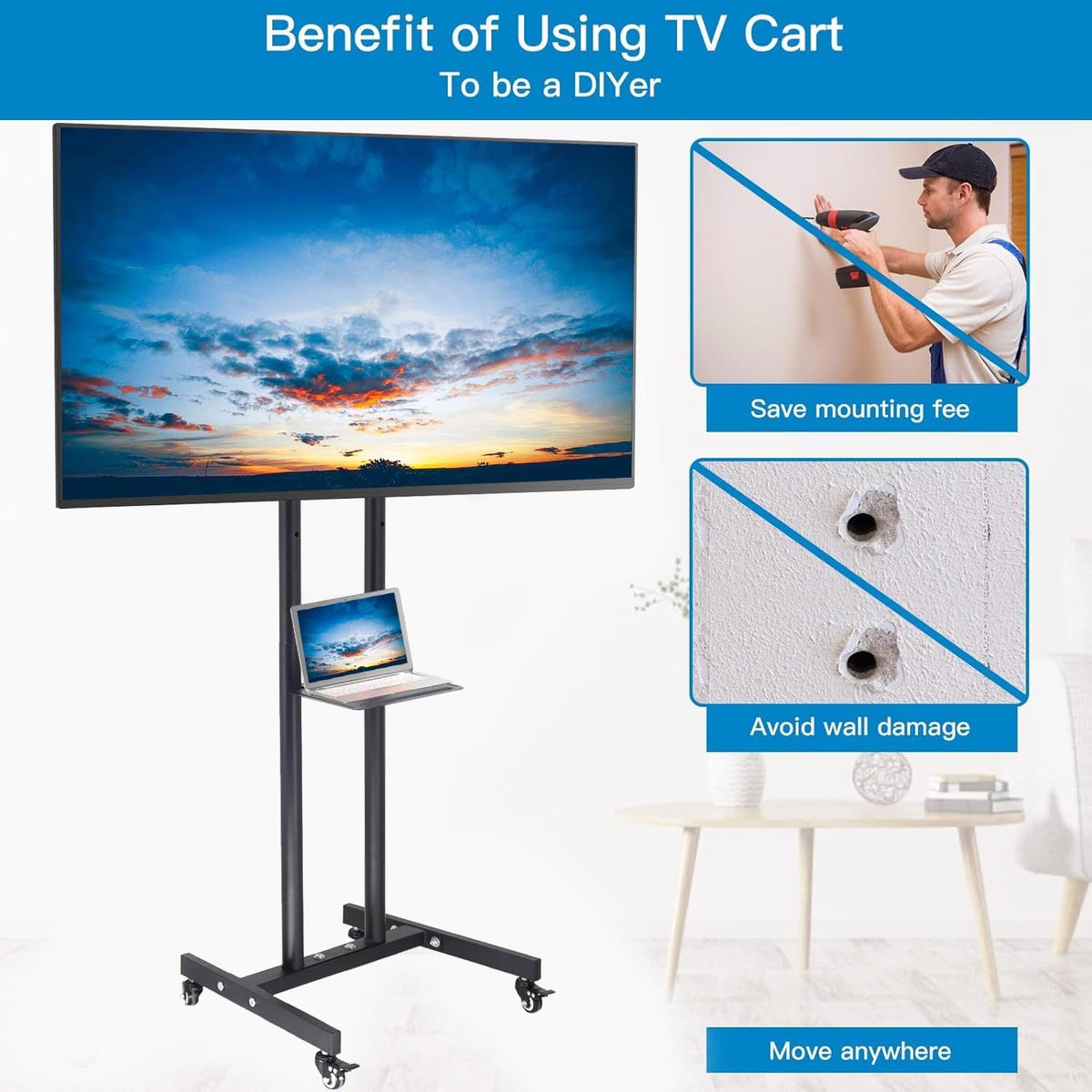 LETTURE Soporte TV Móvil con Ruedas para 32-55 Pulgadas LCD LED, Soporte TV Pie Ajustable en Altura con Estante, Carro TV Suelo Alto Portátil, MAX 25kg VESA 400x400mm