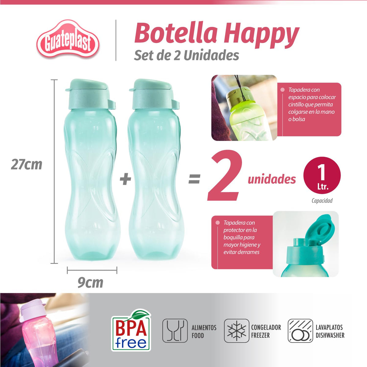 Guateplast - Set de 2 Botellas para Agua de 1 Litro | Botella Deportiva | Botella Reutilizable | Moderno y Transparente | Botella Plástica para Bebidas | Color Menta