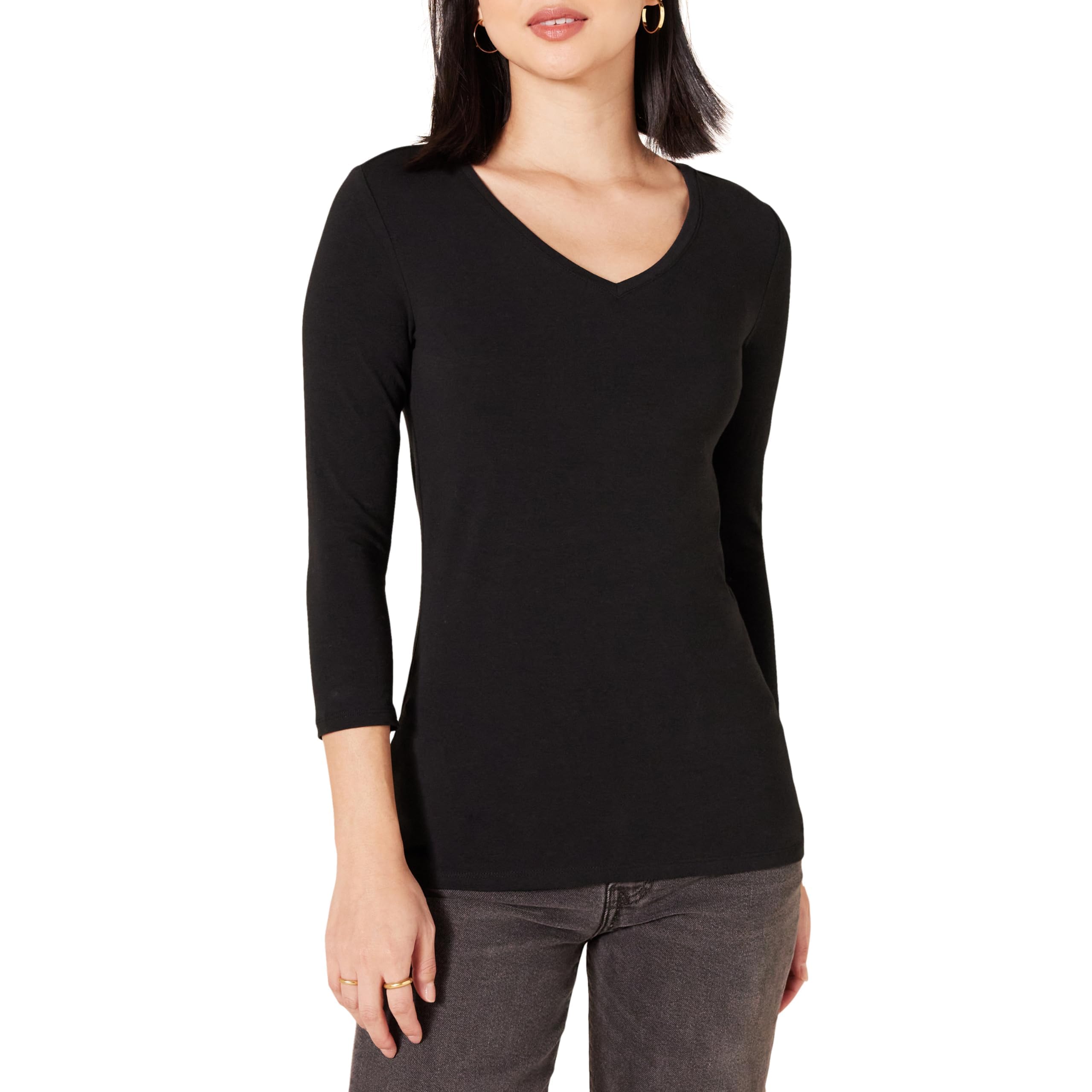 Amazon Essentials - Camiseta de manga 3/4 con cuello en V para mujer (disponible en tallas grandes), color negro, talla M