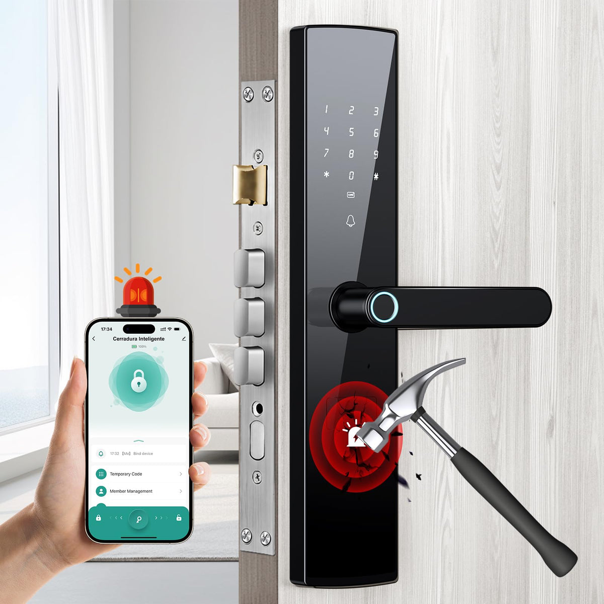 Cerradura Inteligente, Chapa Inteligente con Voz en Español, 5 Métodos de Apertura, Tuya APP, Huella Digital, Código, Llave Física, Tarjeta IC, Cerraduras Digital, para Hogar y Apartamento