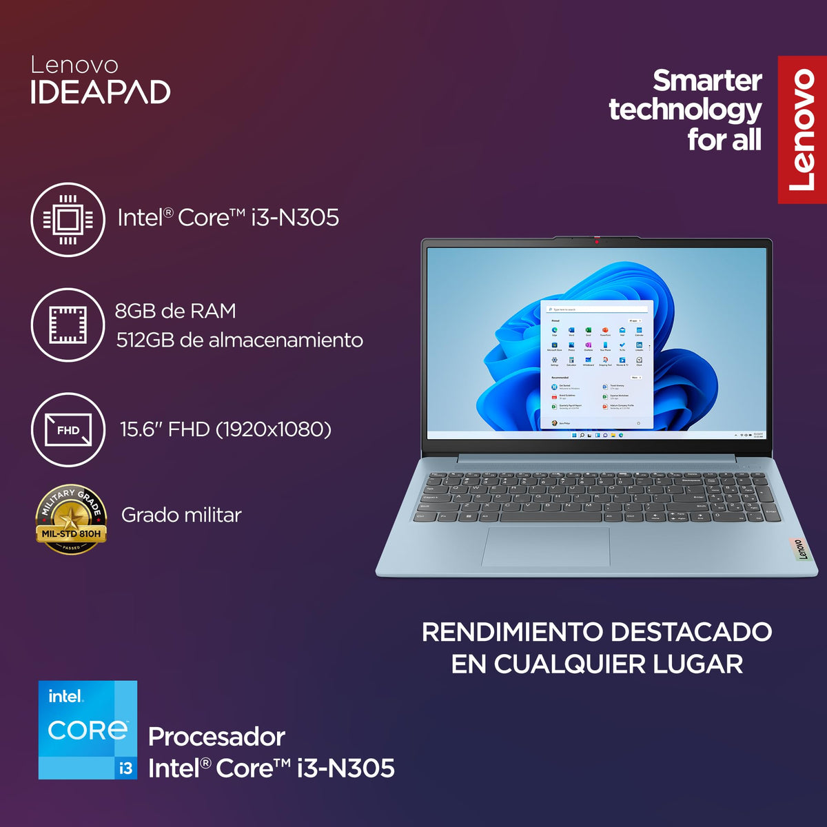 Laptop Lenovo Ideapad Slim 3 | Intel Core i3 | 8 GB RAM 512GB SSD | Lector SD | Windows 11 Azul