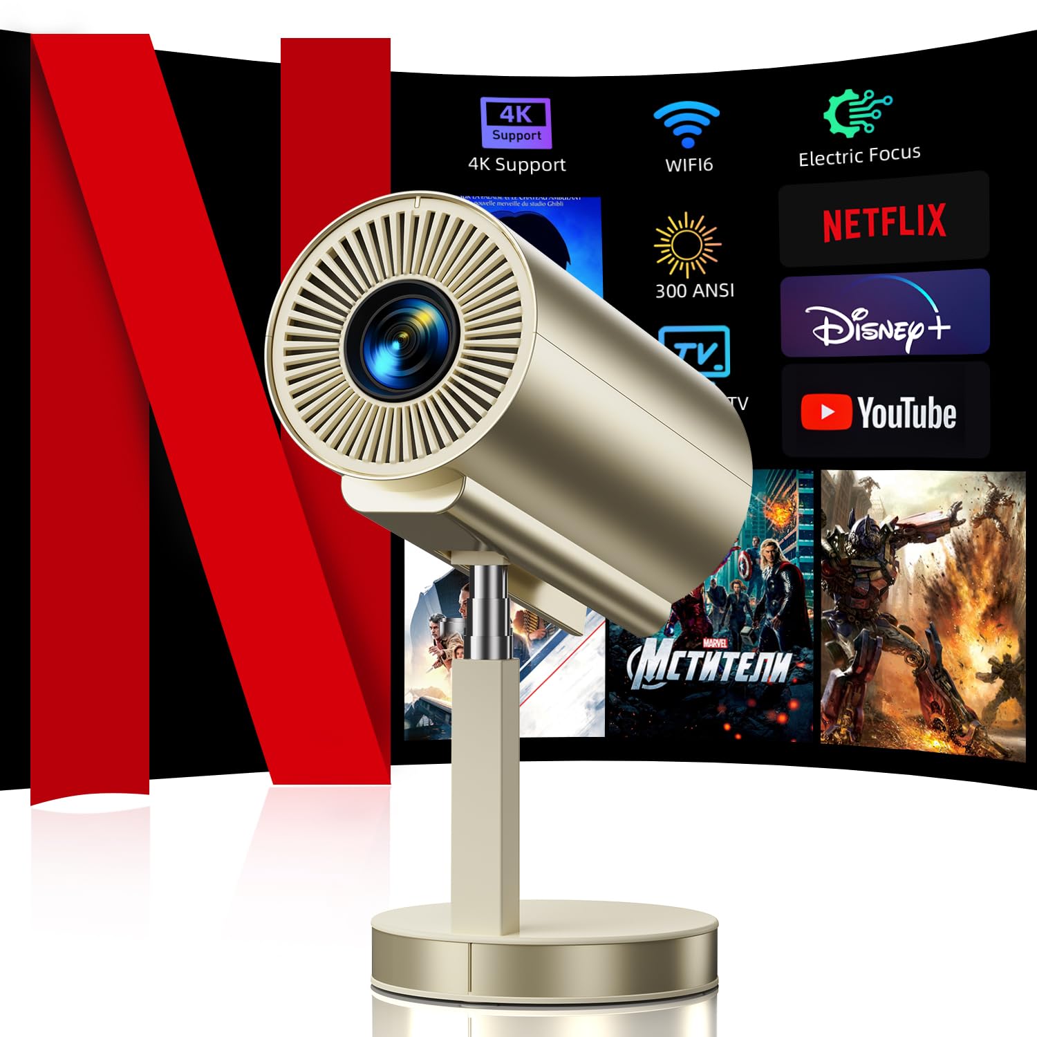 Proyector Portátil 4K 300ANSI Apps Retráctil Enfoque Eléctrico Ajuste 90°