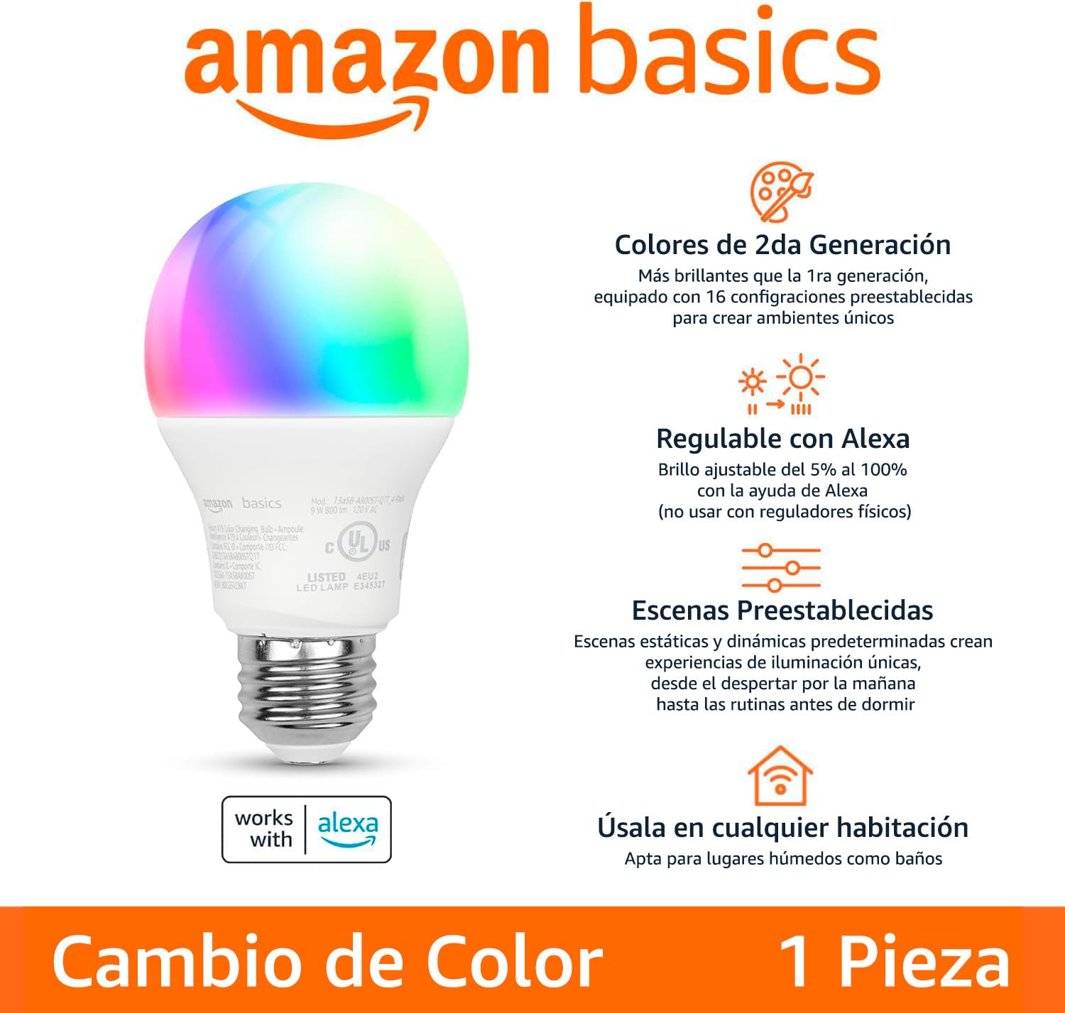 Amazon Basics - foco LED inteligente A19, cambio de color, 9 W (equivalente a 60 W), 800 LM, funciona solo con Alexa, Wi-Fi de 2.4 GHz, no requiere concentrador, 1 paquete
