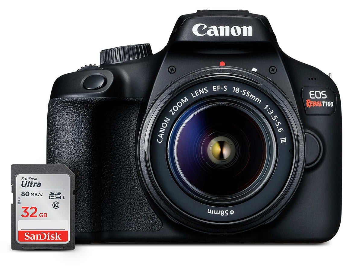 Canon EOS Rebel T100 Cámara DSLR con lente EF-S 18-55mm f/3.5-5.6 III, sensor CMOS APS-C de 18MP, Wi-Fi incorporado, visor óptico, imágenes impresionantes y videos Full HD, incluye tarjeta SD de 32 GB