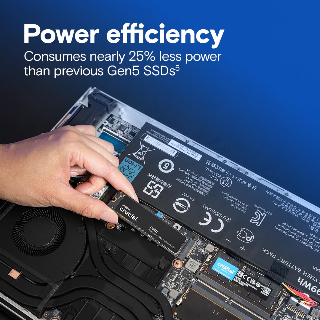 Crucial P510 1TB Gen5 NVMe SSD, hasta 11.000 MB/s, PCIe 5.0 M.2 2280 SSD, Unidad Interna de Estado sólido, Compatible con computadora portátil, computadora de Escritorio, +Software Acronis -
