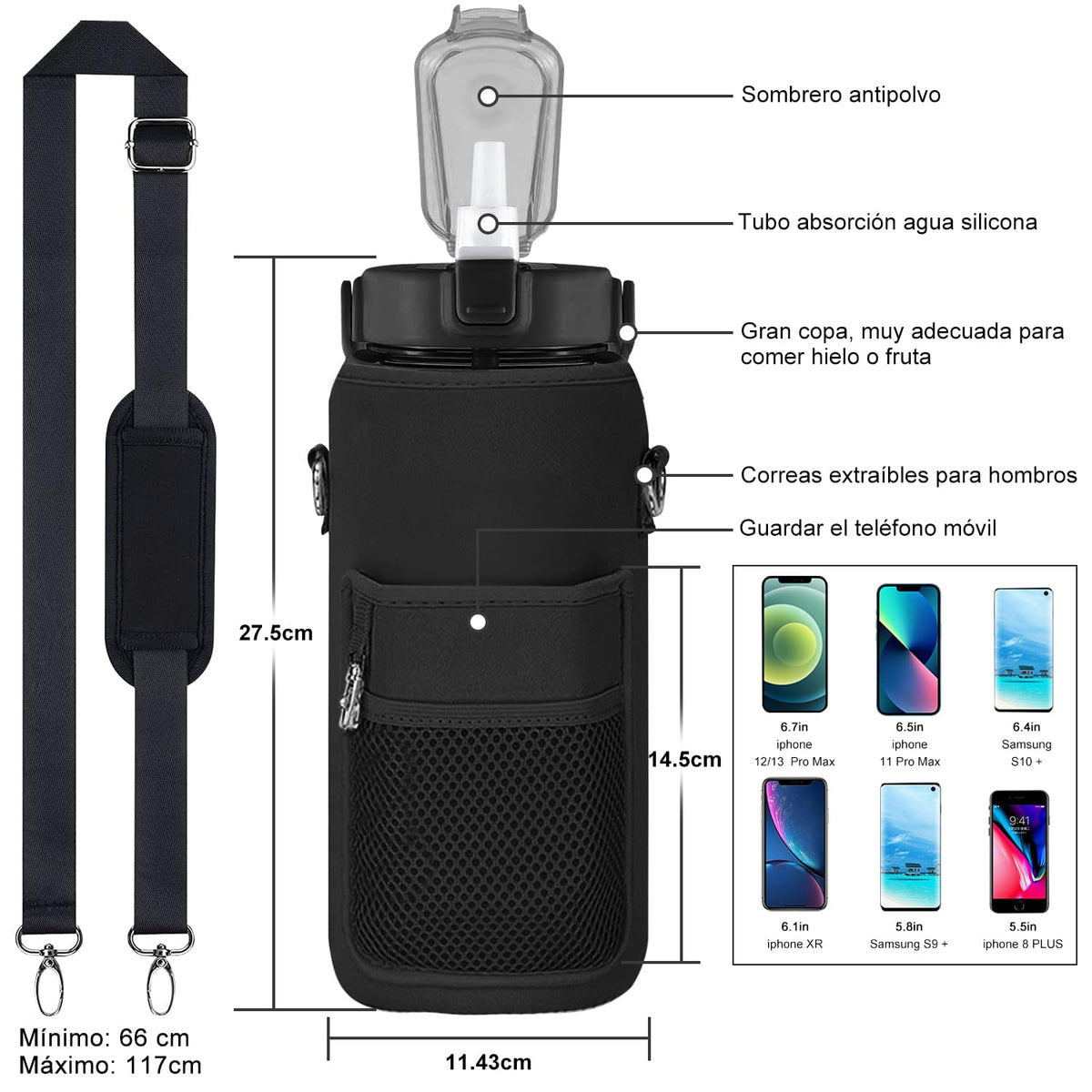 MOYAC Botella Agua con Funda Protectora, Botella de Agua 2 Litros con Pajita, Asa, Correa para el Hombro, Función de Apertura con un Botón, para Fitness, Viajes, Escuela, Oficina (Negro)