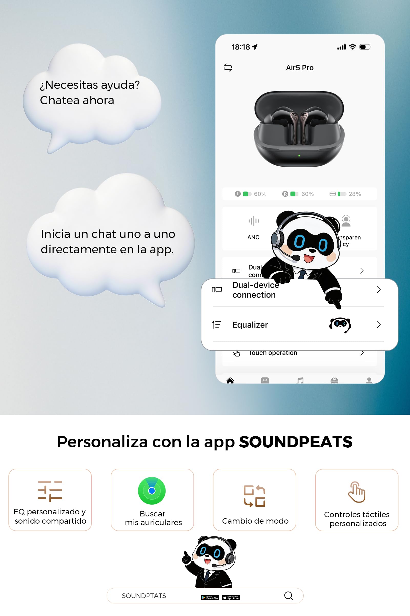 SoundPEATS Air5 Pro Audífonos In-Ear ANC 55dB Snapdragon Sound Hi-Res LDAC