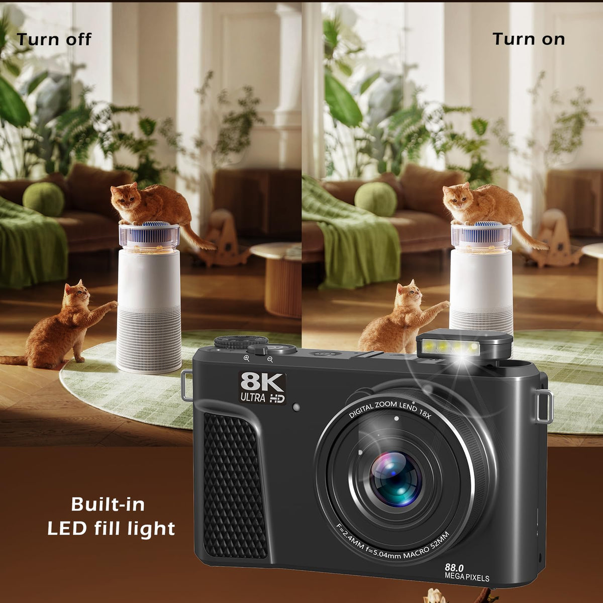 Zunate Cámara Digital de 8k para Fotografía, Cámara de Vlogging WiFi de 88MP, Cámara de Video de Enfoque Automático UHD 3in180 ° Pantalla con Zoom Digital 18x, No Incluye Tarjeta de Memoria.