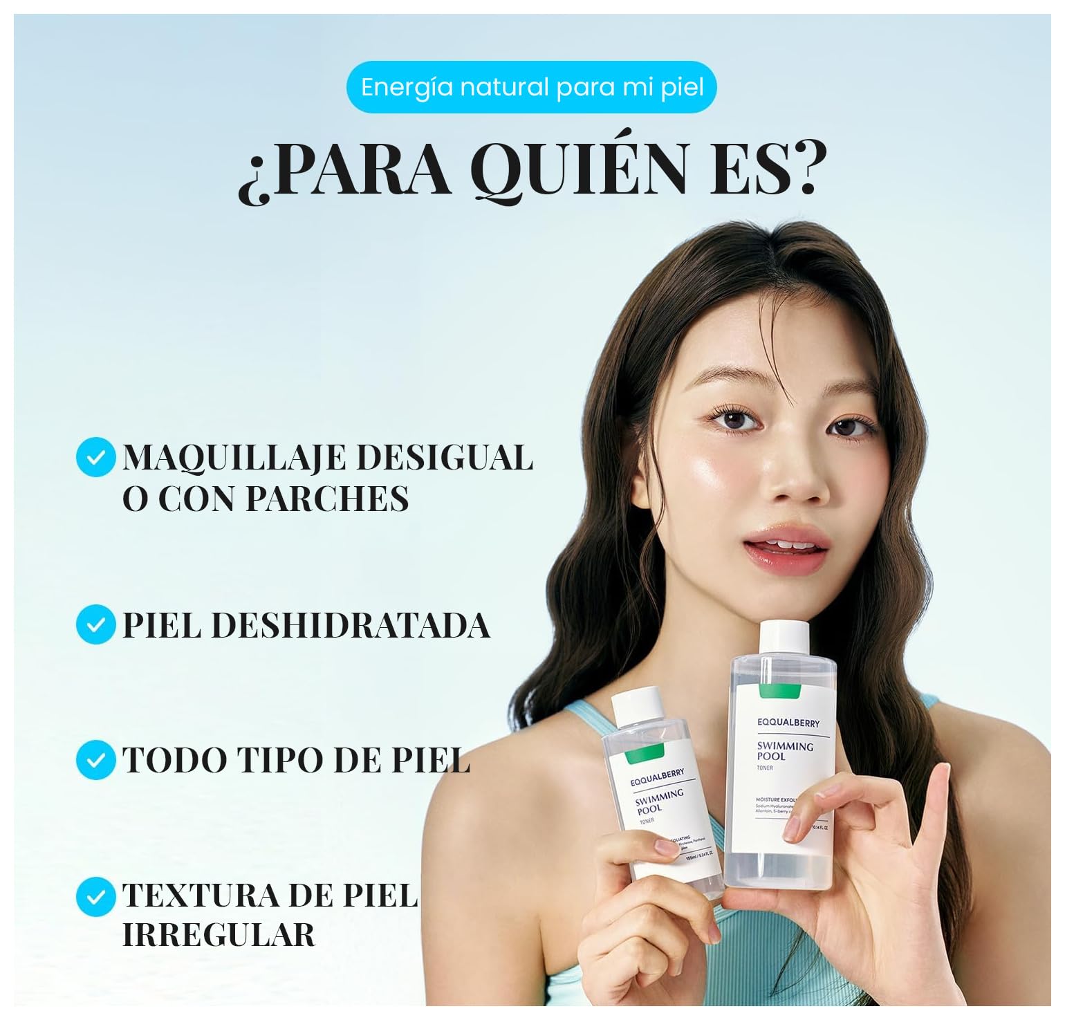 EQQUALBERRY Tónico Exfoliante Facial Swimming Pool Toner - Coreano con Enzima Proteasa y Ácido Hialurónico, Exfoliación Diaria Suave, Piel Sensible, 300 ml