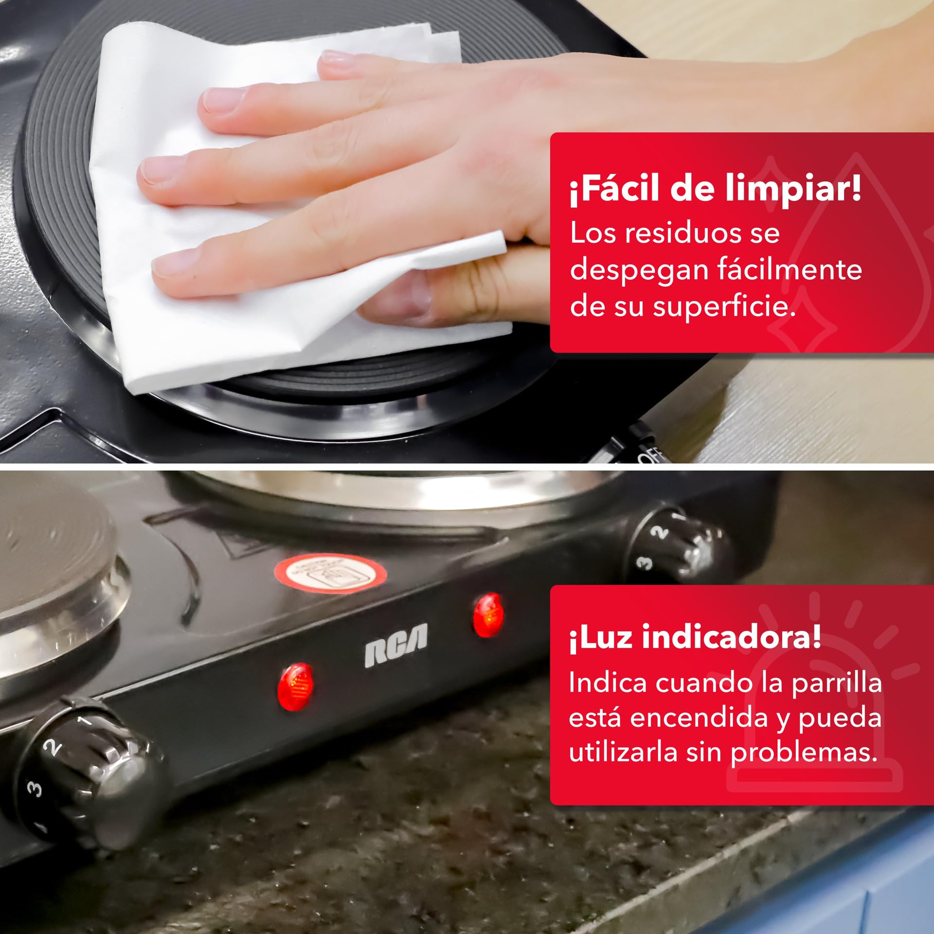RCA Parrilla Eléctrica RC2000N con Dos Quemadores de 1000W, Acero Inoxidable, Portátil, Alta Resistencia, Calor Uniforme, 5 Niveles de Calor, Antiderrapante y Funcional para Cocina Compacta.