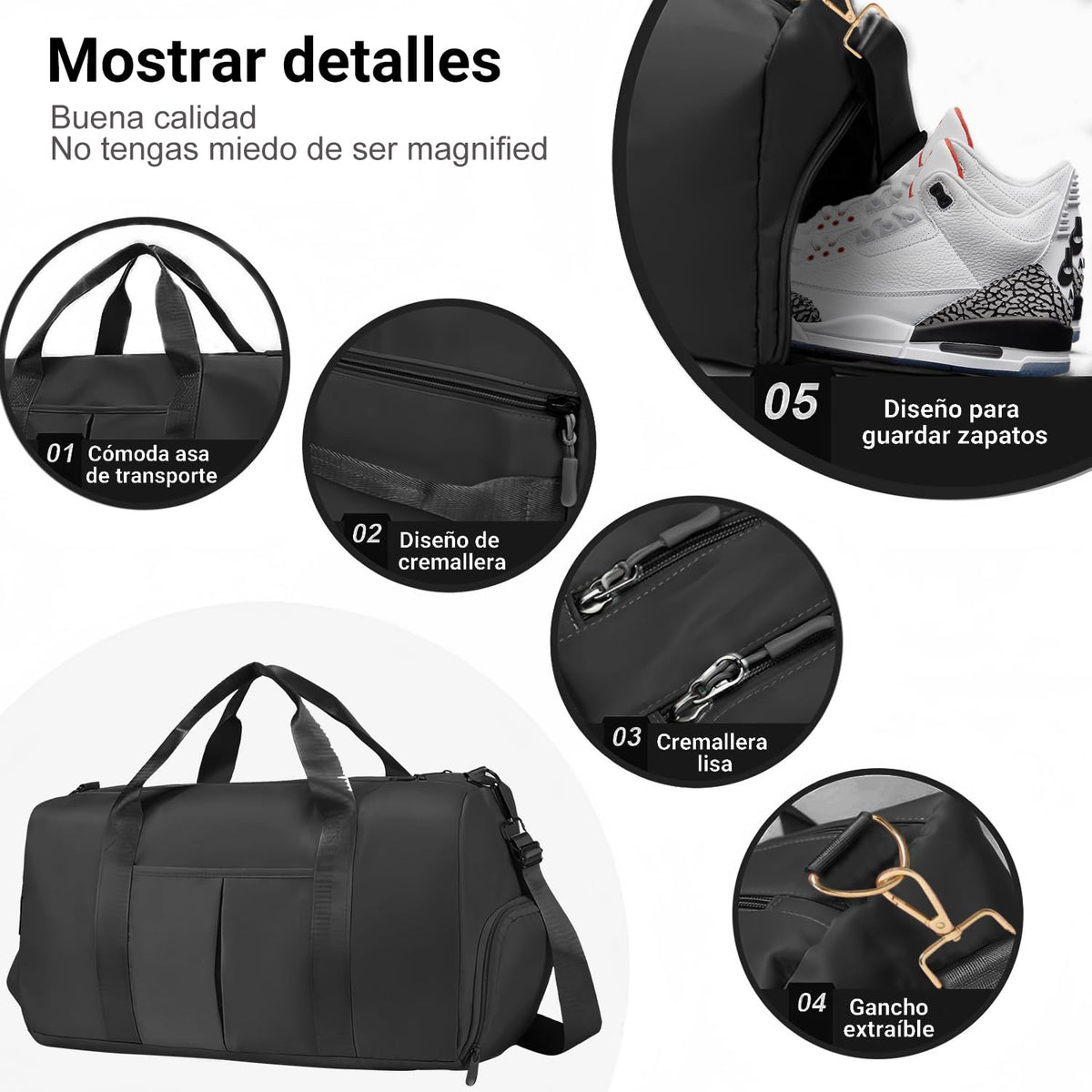 Dry Wet Bolsa de gimnasio deportiva con bolsillo separado, bolsa de lona con compartimento para zapatos, bolsa de viaje, entrenamiento, natación, yoga para mujeres y hombres (negro)