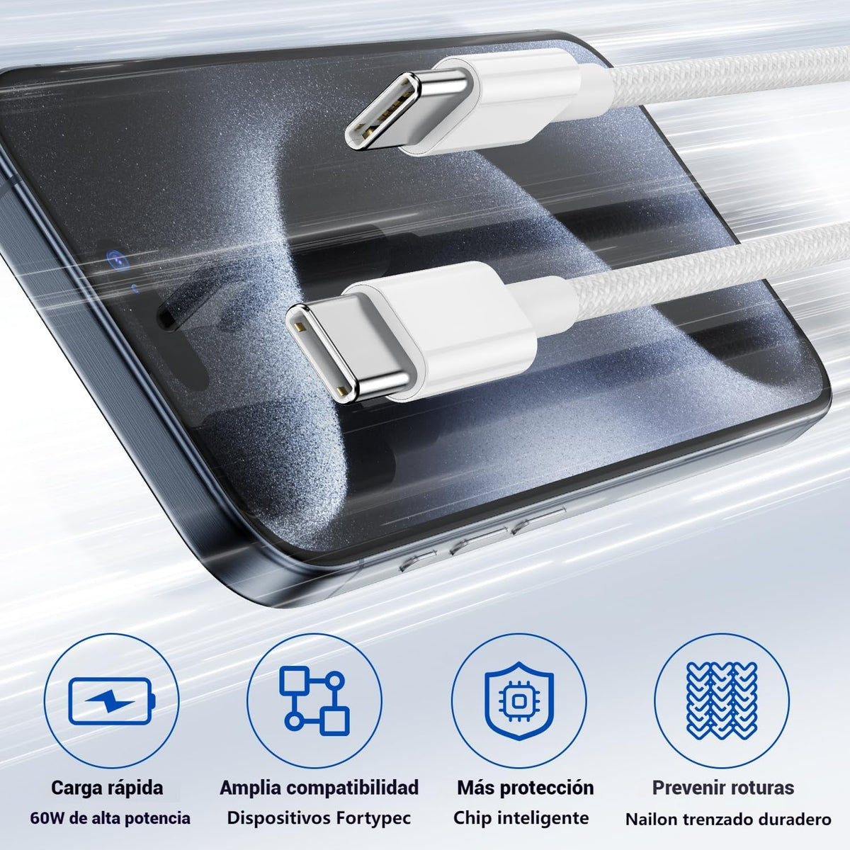 Cable USB C para Carga Rápida 2M: Para iPhone 16 15 Serie, 60W Tipo C a USB-C, Adaptador 20V 3A, Compatible con Samsung Galaxy, MacBook Pro, iPad Pro, Google Pixel