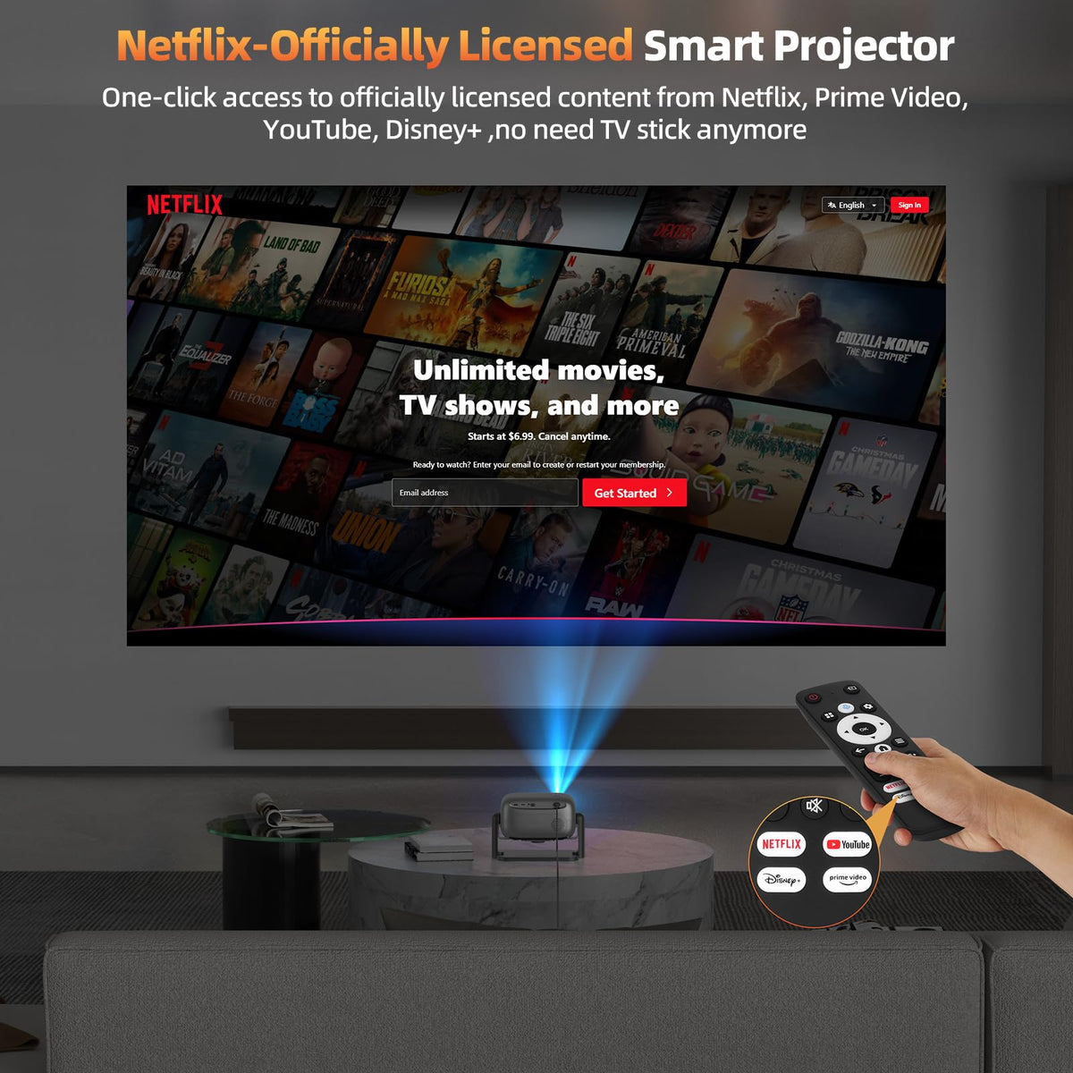 Bettdow Proyector Full HD 1080P con Licencia Oficial Netflix, Control por Voz AI, Altavoz Integrado, Compatible con PC Laptop TV Box PS4, Relación de Aspecto 16:9 – Ideal para Cine en Casa, Juegos