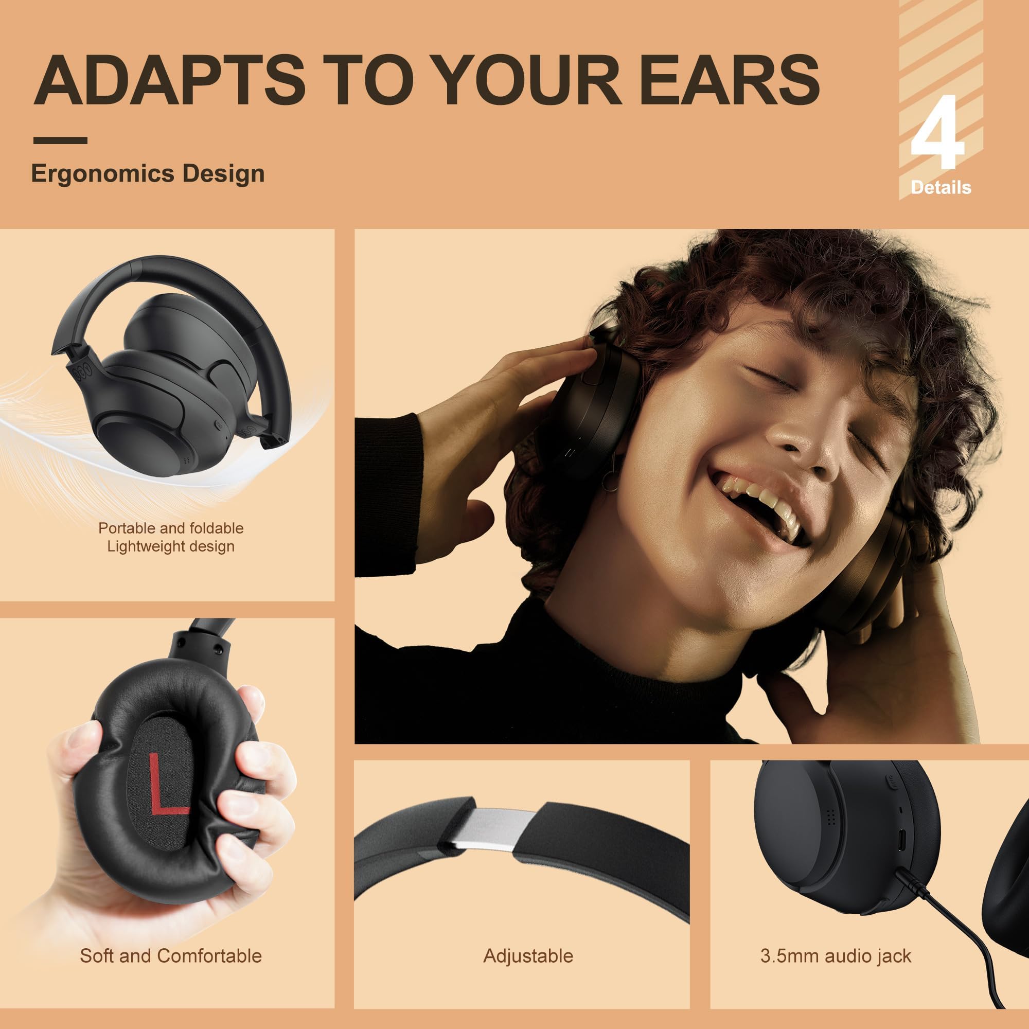 QCY H3 Audífonos Inalámbricos Bluetooth 5.4, Cancelación Activa de Ruido, Hi-Res Audio, Diadema Plegables Auriculares Over Ear, 60 Horas de Reproducción Compatible con iOS/Android