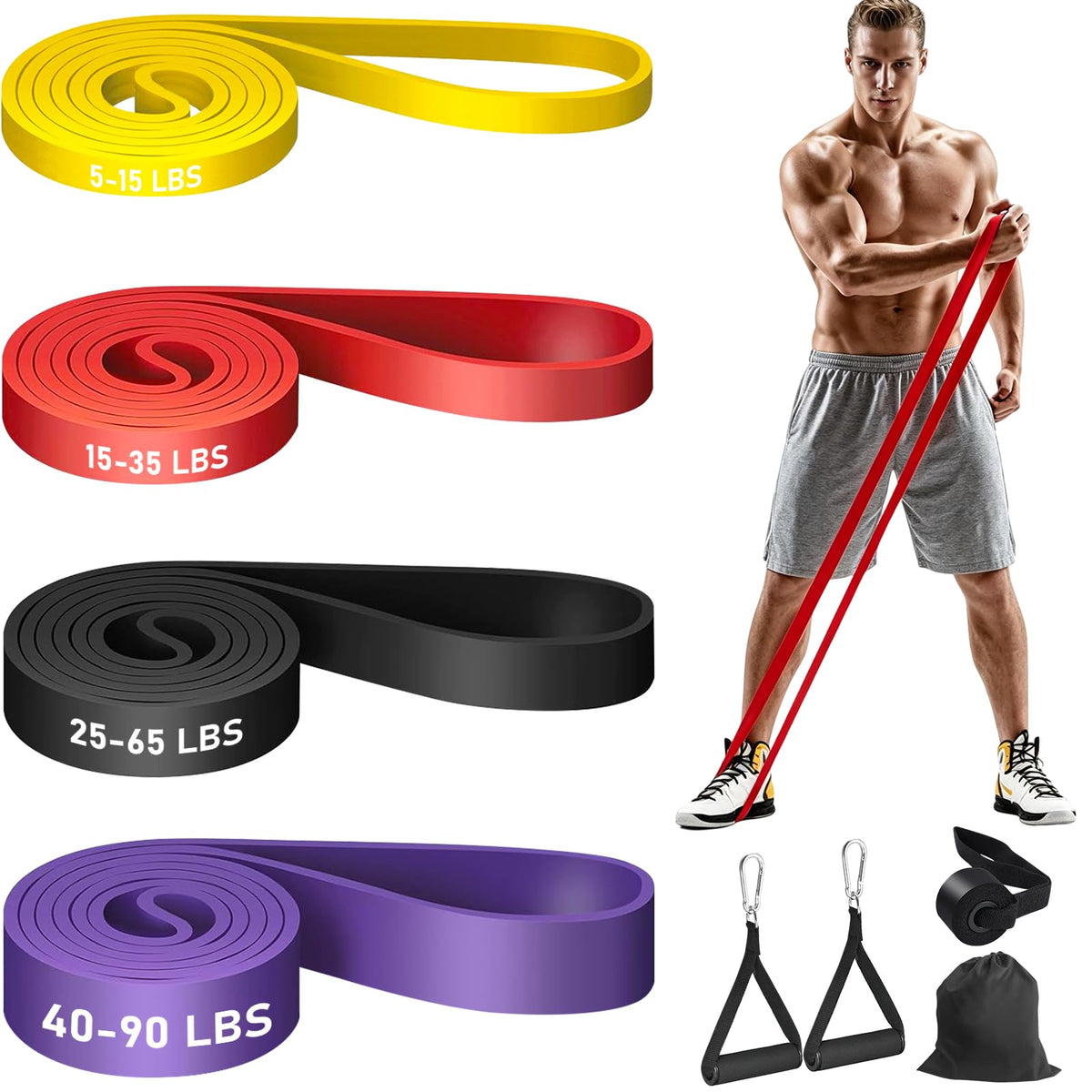 4 Pack Bandas de Resistencia para Ejercicio,Bandas de Resistencia con 2 Asas, Anclaje para Puerta, Gancho y Bolsa,Bandas Elásticas para Hombres y Mujeres para Ejercicio, Fitness, Entrenamiento, etc