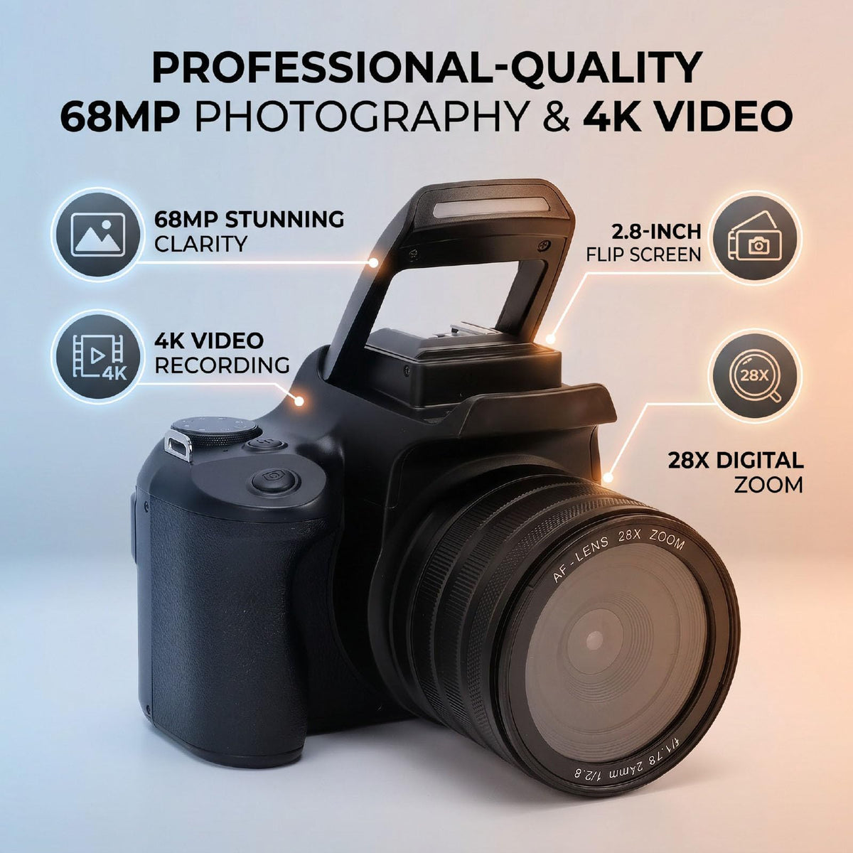 Fockety Cámara réflex Digital, Pantalla 2.8 Pulgadas, cámara Digital 4K con Pantalla abatible 180° y Flash, Enfoque automático, Zoom 28x para Adolescentes Principiantes en fotografía