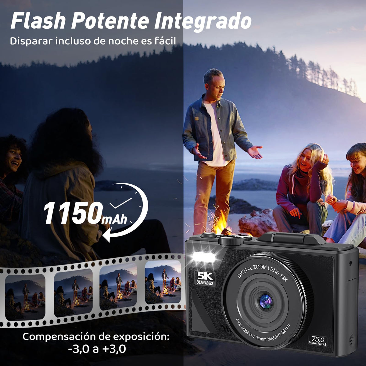 Camara Digital 5K Ultra HD, Camara Fotografica 75 MP, Cámara de Vlogueo Admite [WiFi y APP], Pantalla Giratoria 180° de 3 Pulgadas, Enfoque Automático 18X, Cámara para Viajes, Fotografía(nergo)