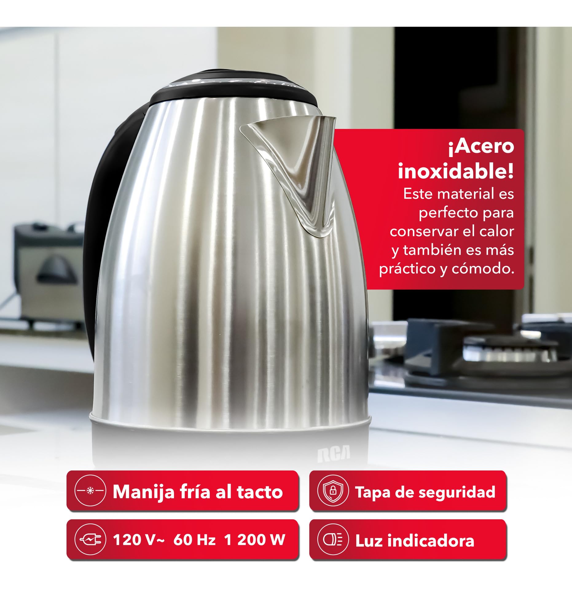 RCA Tetera Eléctrica RC-180GB01 de Acero Inoxidable, Capacidad de 1.8 Litros, Luz LED, Base Giratoria, Apagado Automático y Protección Contra Ebullición, Ideal para Té y Café, Diseño Elegante.