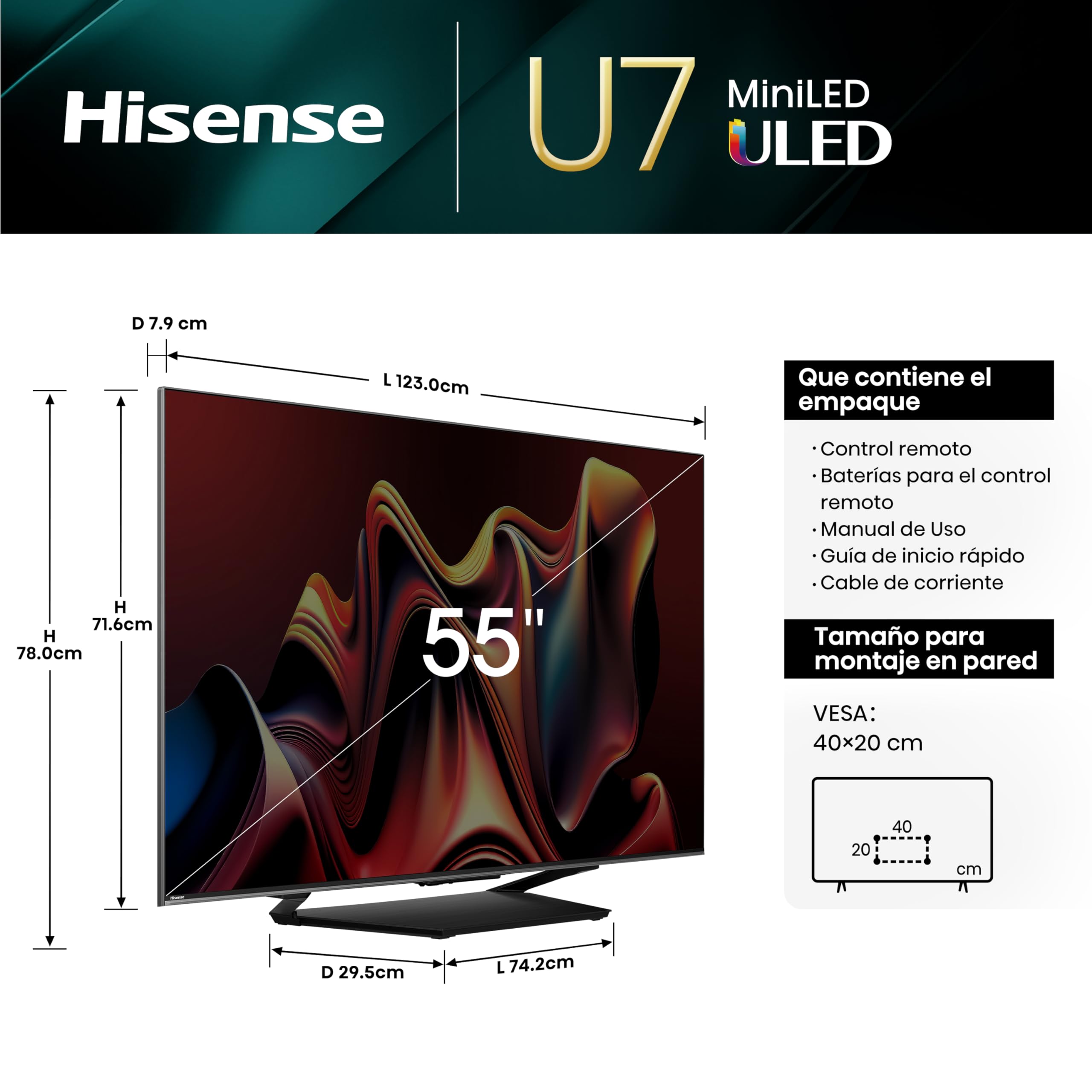 Hisense Television U7N Pantalla 55 Pulgadas,Mini-LED Smart Google TV UHD 4K,Control Remoto por Voz con Alexa,Modo de Juego Pro de 144 Hz,Hi-View Engine Pro,Subwoofer Incorporado
