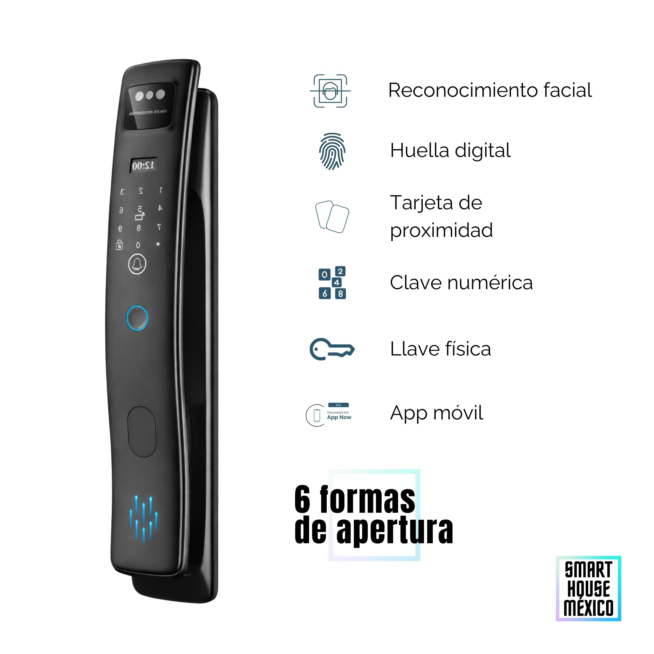 Cerradura Electrónica Inteligente WiFi con Cámara y 7 métodos de apertura. | Reconocimiento Facial, de palma, Huella, Código, App móvil, Tarjeta, Llave Física | Nova Max