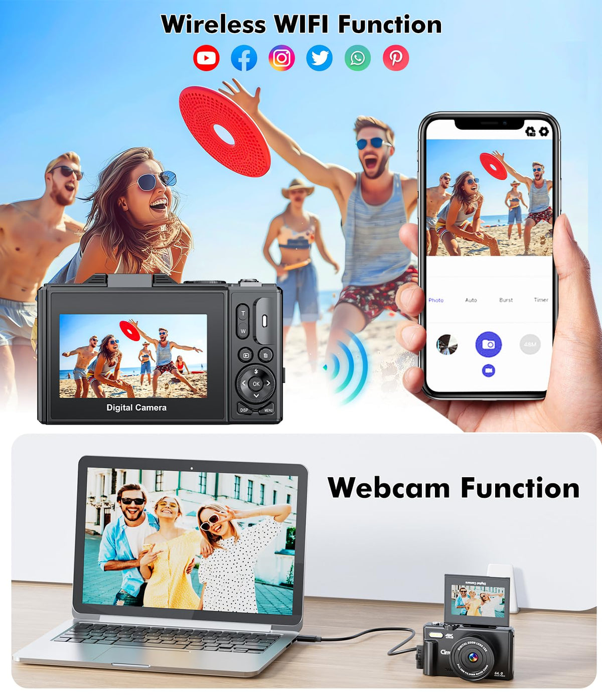 CIRRO Cámara Digital 4K para fotografía, WiFi 64MP UHD Vlogging Cámara con zoom18X, Lente súper Gran Angular, visualización abatible de 3 Pulgadas y 180°, 32 GB. por Favor identifique la Tienda
