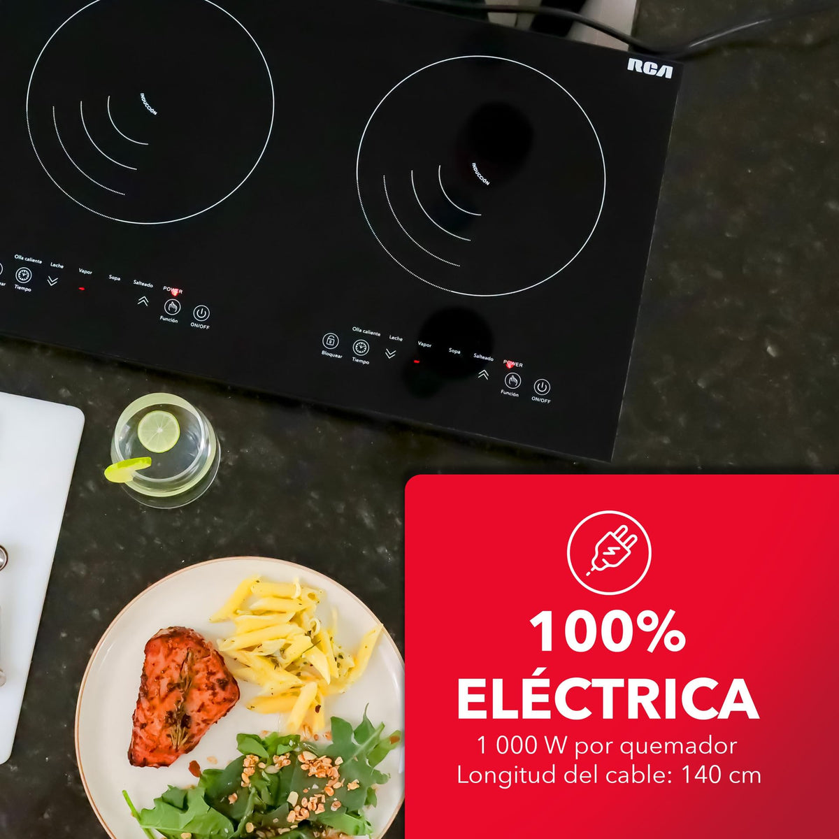 RCA Parrilla de Inducción Doble Quemador RC-12A4, Diseño Moderno y Elegante de Cristal Templado Negro, Controles Táctiles, Seguridad Avanzada, Bloqueo para Niños, Compacta y Potente, Fácil Limpieza.