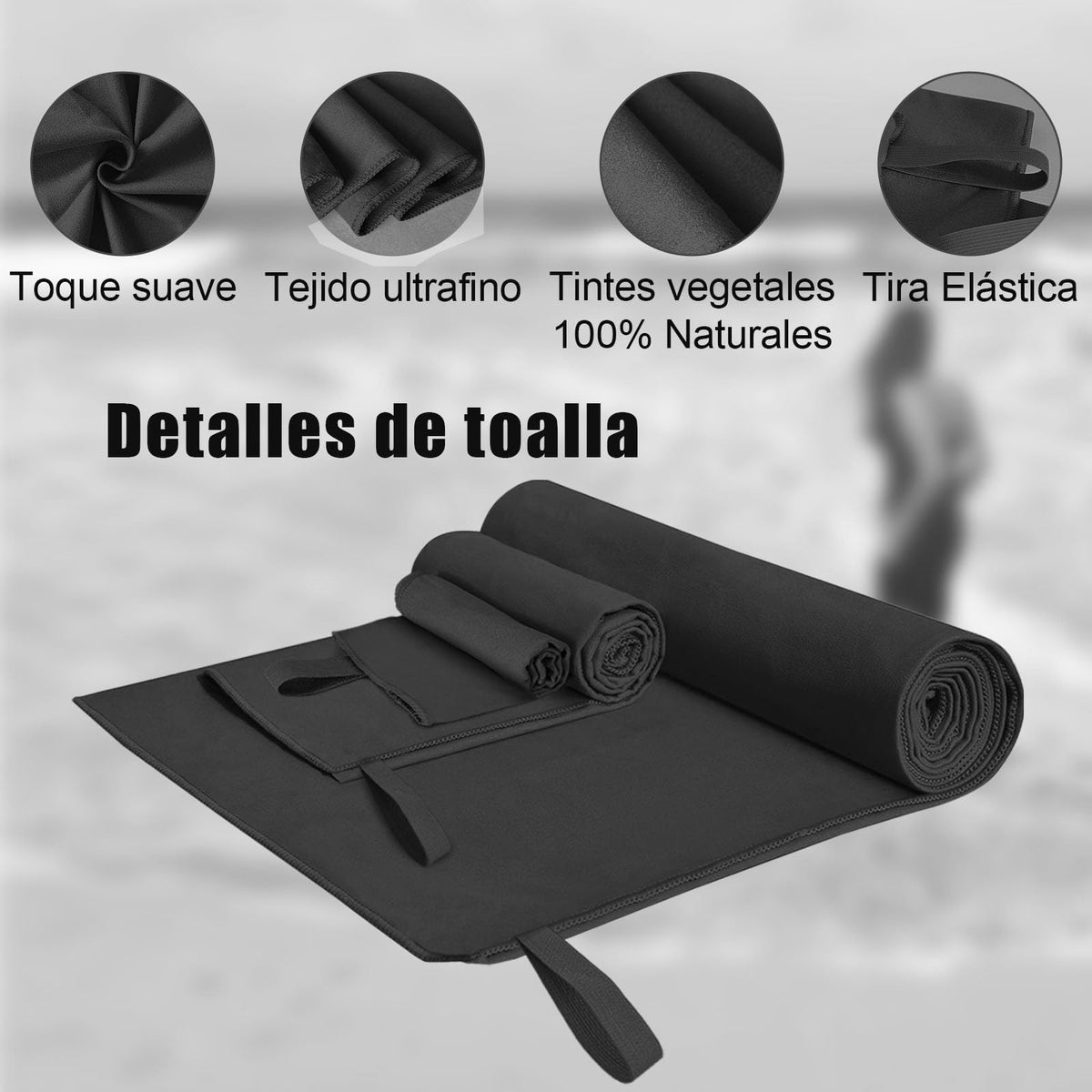 SAN KARA Toallas Deportivas de Microfibra (3 PCS) - Toallas Microfibra Secado Rápido, Ligeras para Viaje, Playa, Natación, Yoga y Gimnasio - Negro
