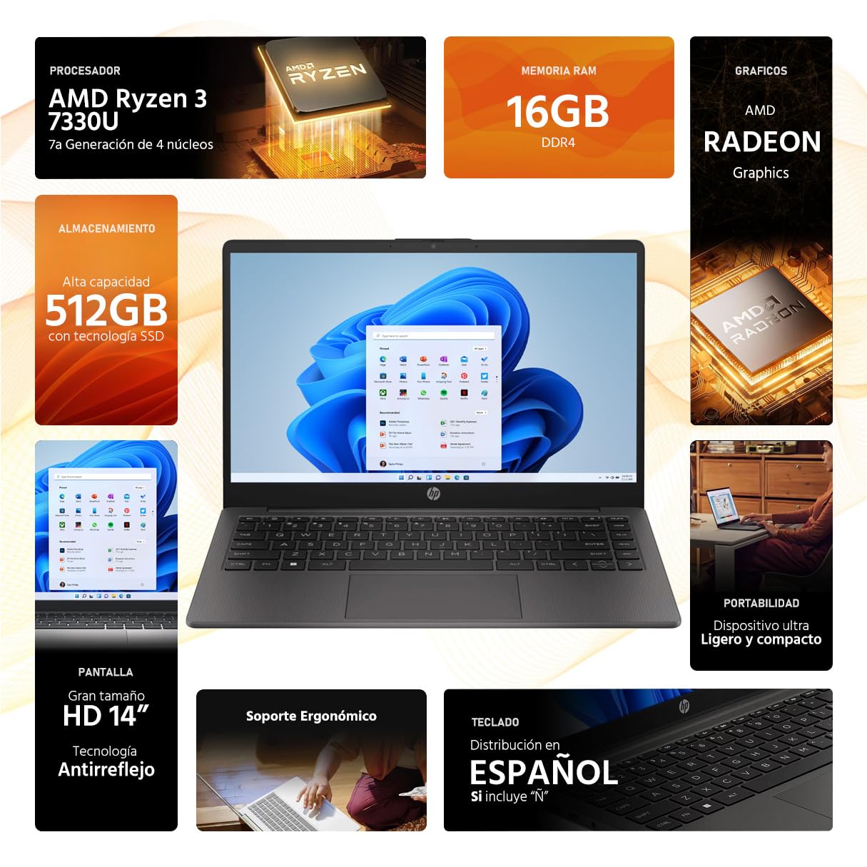 HP Laptop 245 AMD Ryzen 3 7330U 16GB 512GB SSD 14" W11 Teclado Español Ideal para Estudiante y Oficina
