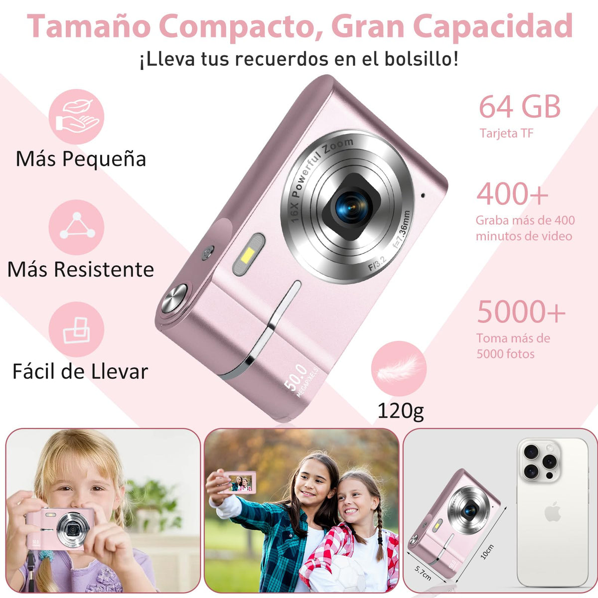 HeiLuon Cámara Digital FHD 1080P 50MP Vlogging con Tarjeta 64GB, Pantalla IPS de 2.4'', Zoom 16X, Anti-Shake y Disparo Continuo, Camara Fotografica Digicam Regalo para Niñas y Niños (Rosa)